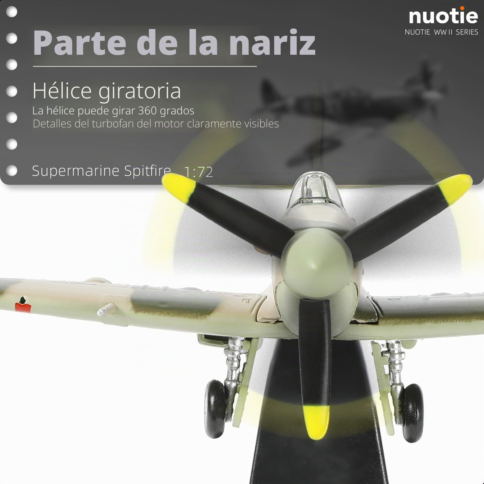 NUOTIE Supermarine Spitfire Británico a Escala 1/72 Modelo de Caza en Metal Fundido a Presión Simulación de la Segunda Guerra Mundial Avión Antiguo Preconstruido para Coleccion o como Regalo