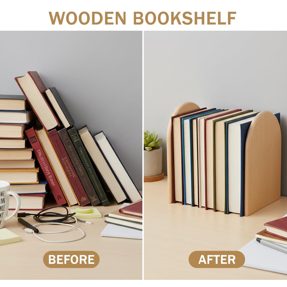 Sujetalibros de Madera, 2 Aguanta Libros, Sujetalibros de Haya Soporte para Estantes, Sujeta Libros Estanteria Antideslizantes, Separador de Libros Apoya Libros Bookends (10.5x12x17cm)
