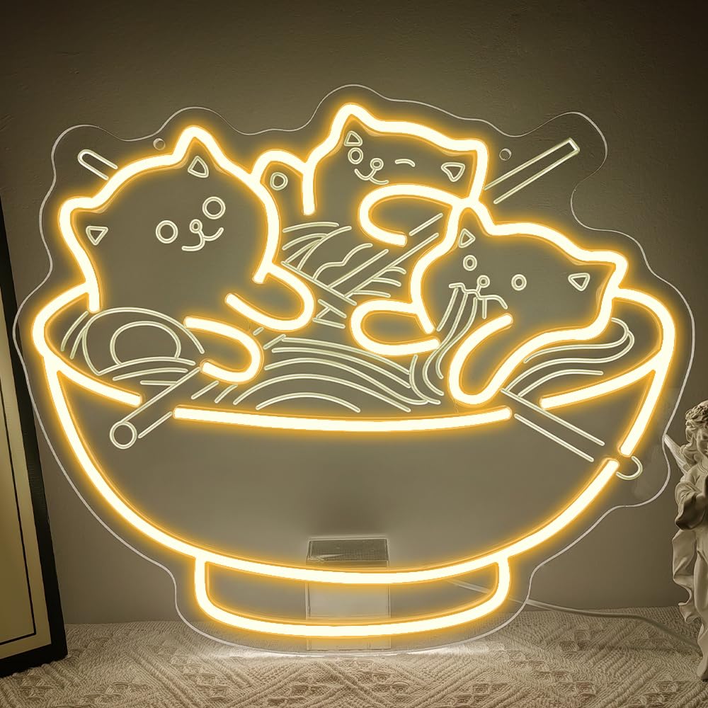 Światła LED z motywem kota, ramen, kawaii, anime, podświetlany znak do restauracji, domu, baru, kuchni, sypialni, japońskiego sklepu, makaronu, ściemniany, neonowy, prezent dla miłośników kotów