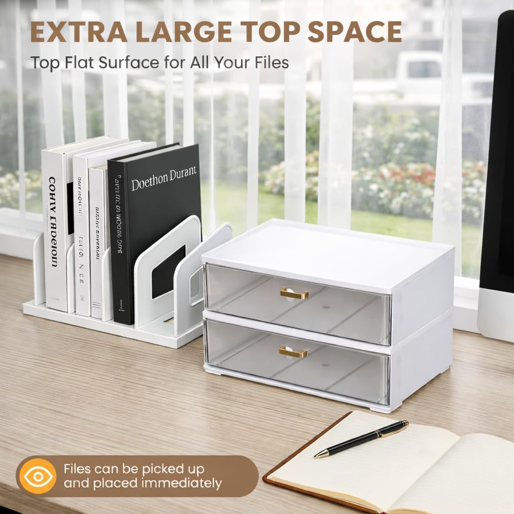 LALOBLUE White Acrylic Desk Organizer with Drawer & File Holder, Stackable Modular Storage System, Multi-Layer Desktop Organizer, Space Saving Desk Organizer for Home Office & Study