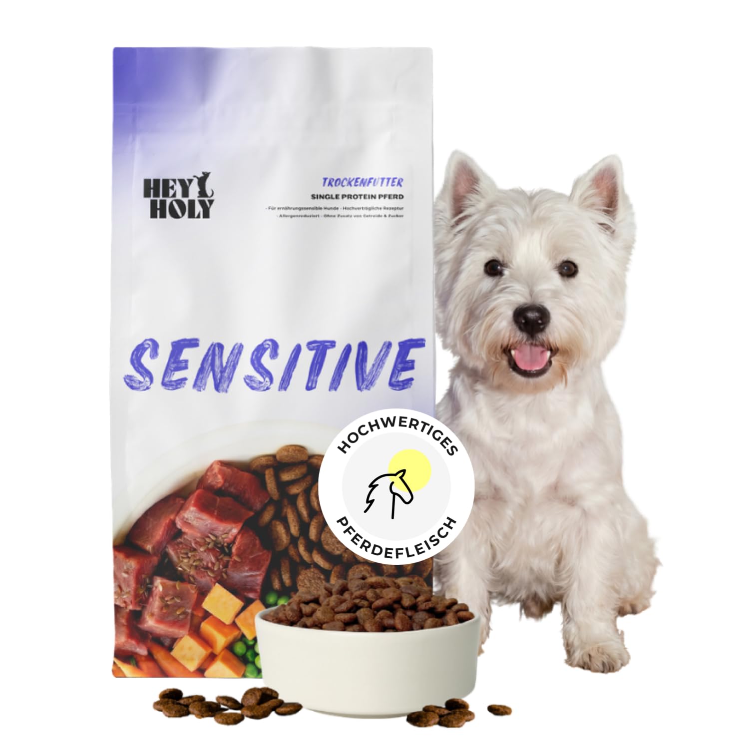 HEY HOLY Sensitives Hundefutter Pferd | Hypoallergenes, getreidefreies Hundefutter trocken für ernährungssensible Hunde | Maximale Verträglichkeit durch allergenreduzierte Rezeptur, natürliche Zutaten