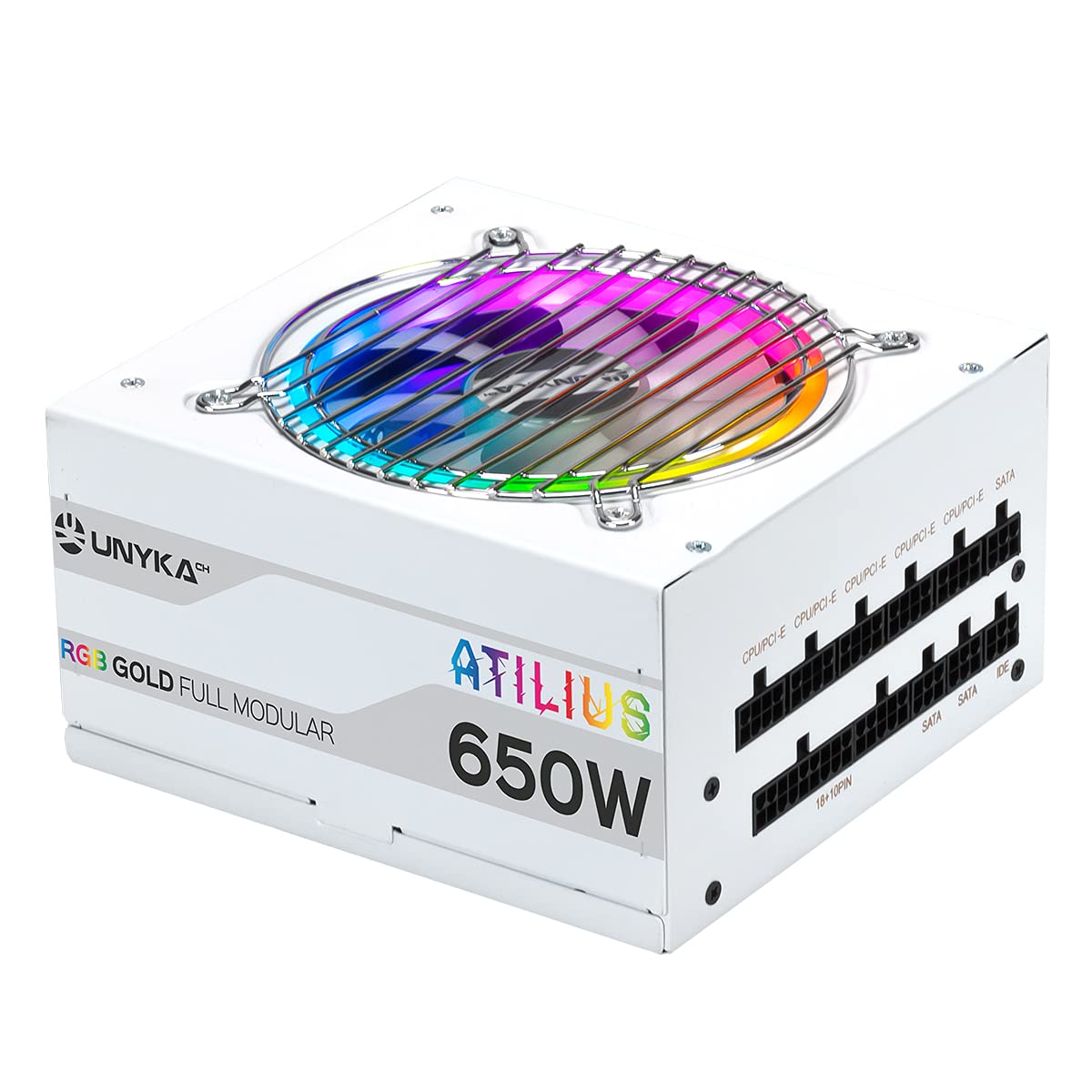 UNYKAch Fuente de Alimentación ATILIUS RGB White 650 W Full Modular, 90 % Eficiencia, ATX 2.31, Condensadores Taiwaneses, Ventilador RGB 120 mm