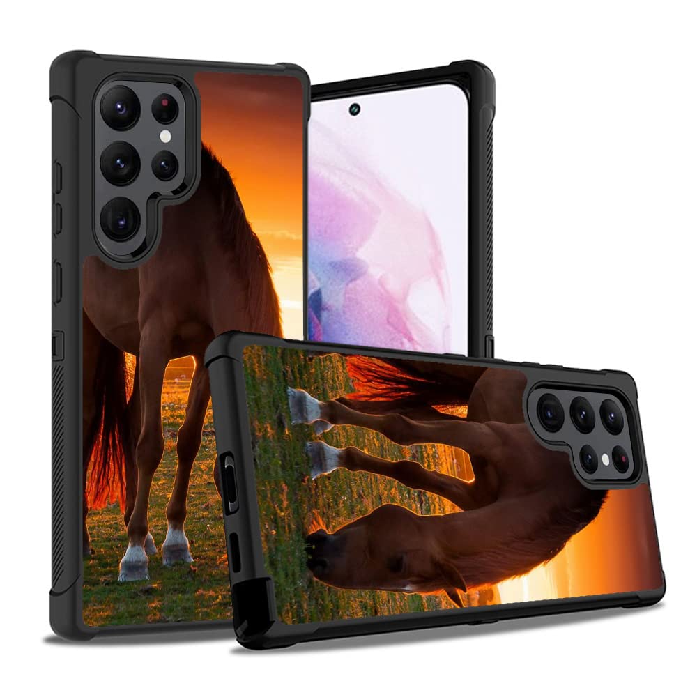 BWOOLL for Galaxy S22 Ultra Case, Heavy Duty 3 in 1 Hybrid Hard PC & Soft Silicone Shockproof Drop Protective Case for Samsung Galaxy S22 Ultra 5G, Sunset Horse