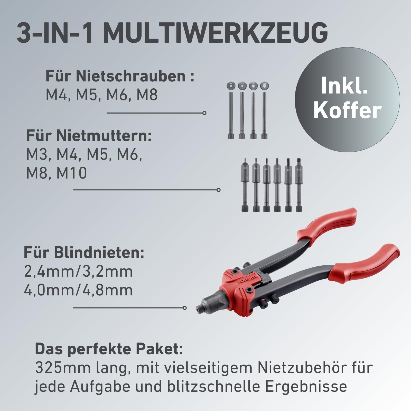 FreeTec 126tlg Nietmutternzange Set - M3 M4 M5 M6 M8 Gewindenieten