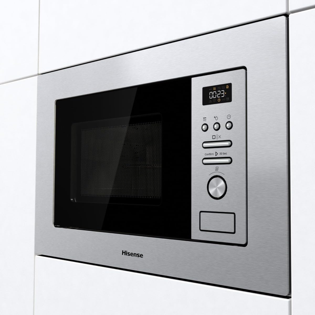 Hisense BIM320G41X - Microonde integrabile, 1000 W, 20 l, altezza 38,8 cm x larghezza 59,5 cm, colore inox, 5 livelli di potenza, 15 programmi preimpostati, Grill Combo, Scongelare per tempo o peso