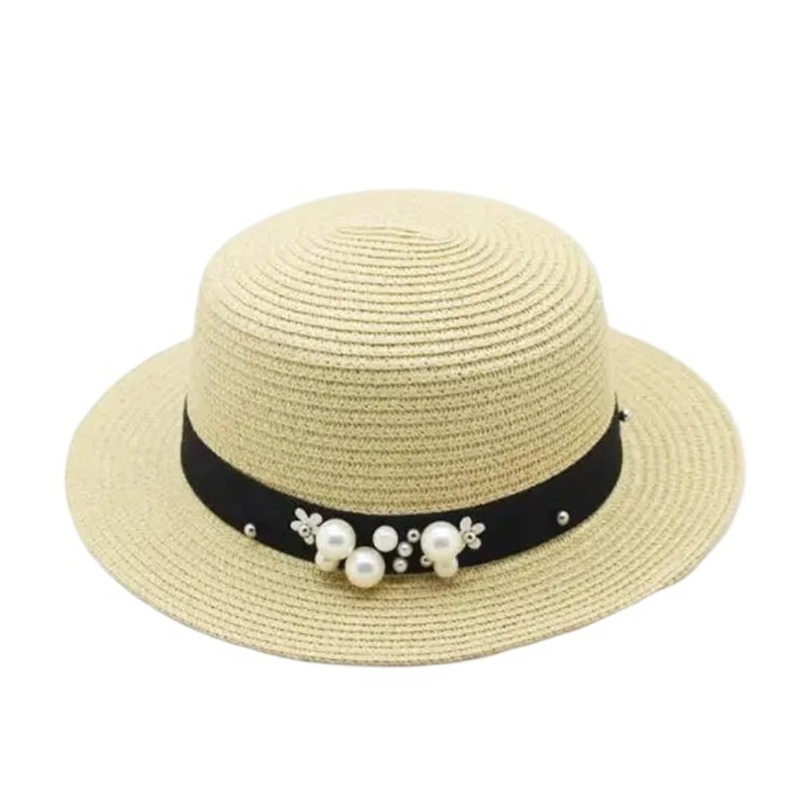 Fasksh Unisex Beige Straw Hat Women's Summer Hats For Women Flower Beads Wide Brimmed Jazz Panama Hat Sun Visor Beach Hat Flower Pearl Straw Hat(Beige)