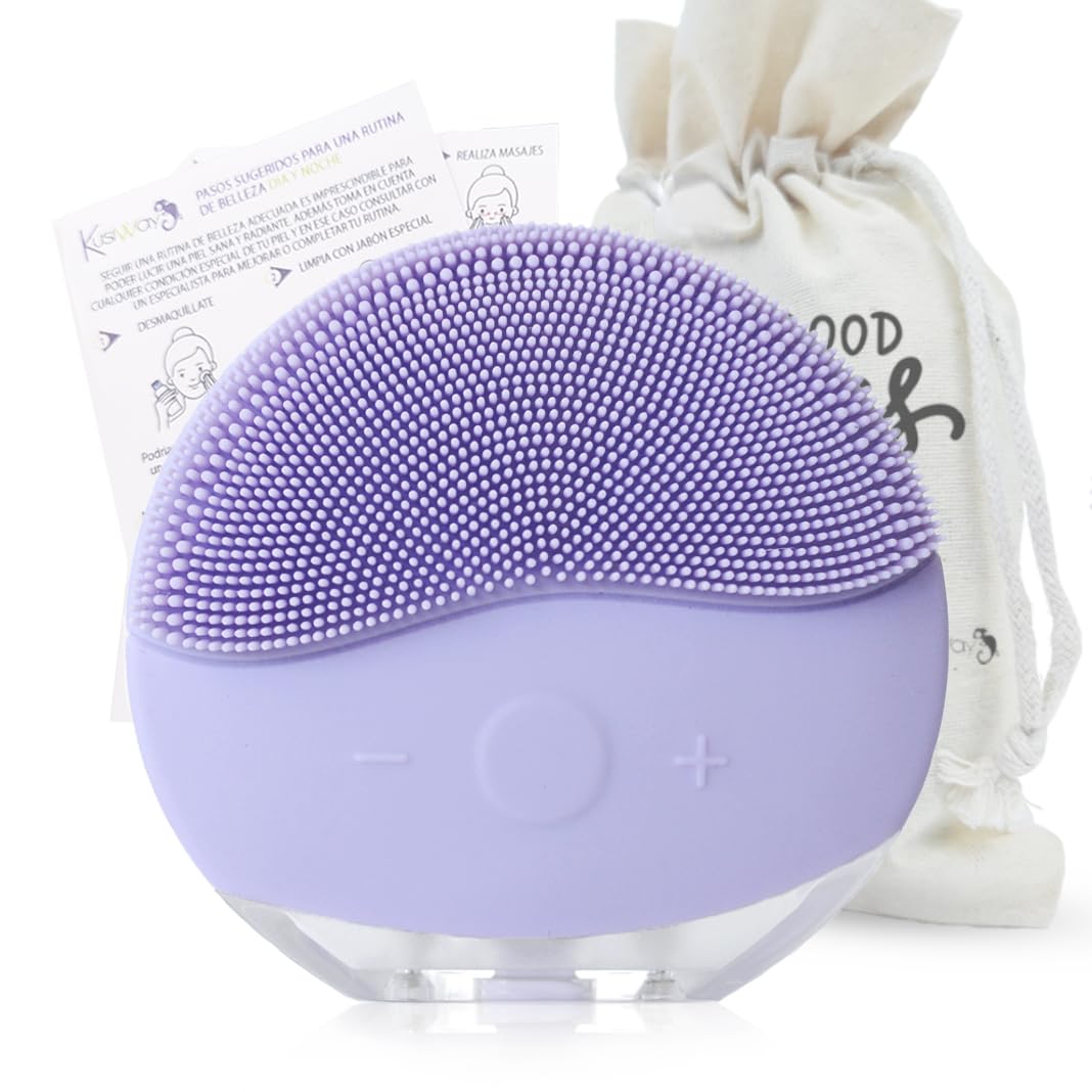 Cepillo limpiador facial ultrasónico, Masajeador eléctrico recargable de silicona resistente al agua (IPX6). Dispositivo de limpieza skincare para todo tipo de piel, accesorio para viaje (Lila)
