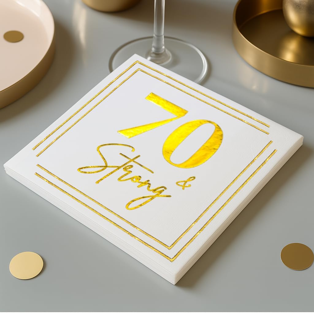 70th Birthday Cocktail Napkins, Gold Paper Napkin for 70 Years Old Bday Party Decorations, Men & Women, Elegant Milestone Celebration Tableware, Fabulous Gift Ideas, 50 Pack