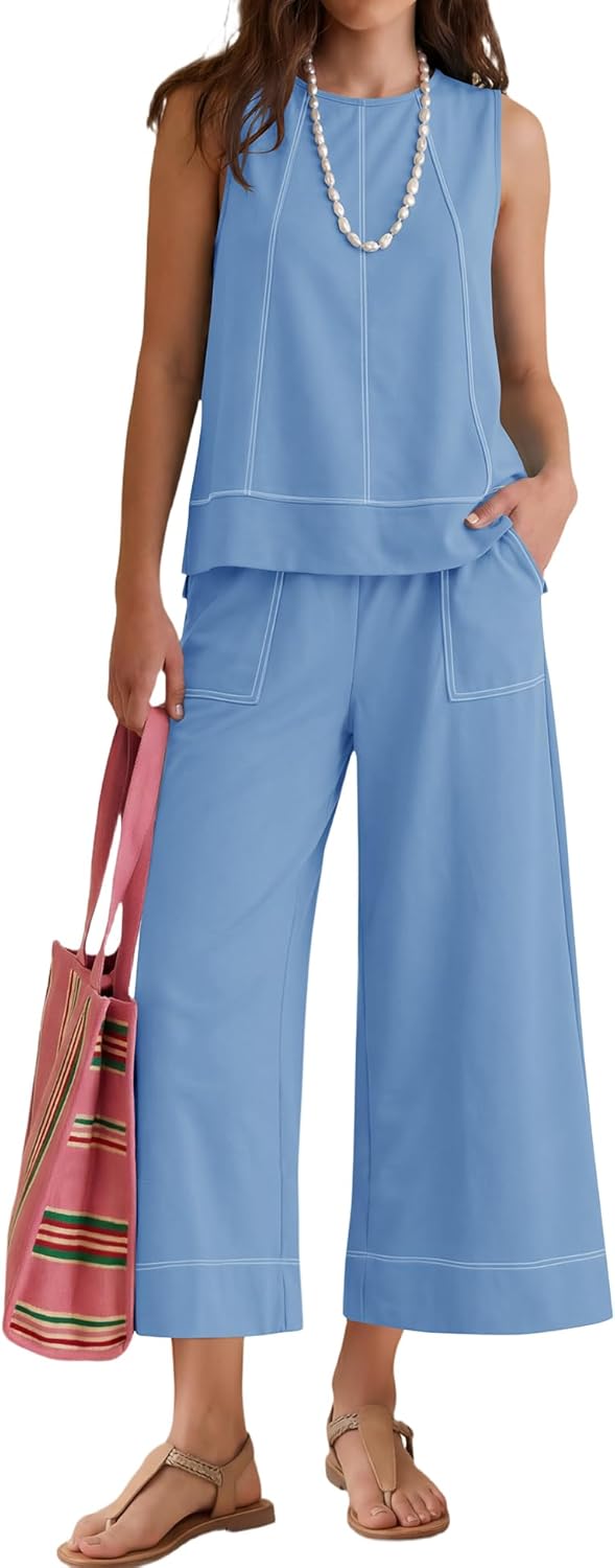 LOMON Two Piece Sets for Women Summer Outfits Sleeveless Tank Tops Wide Leg Crop Pants Matching Lounge Vacation Travel