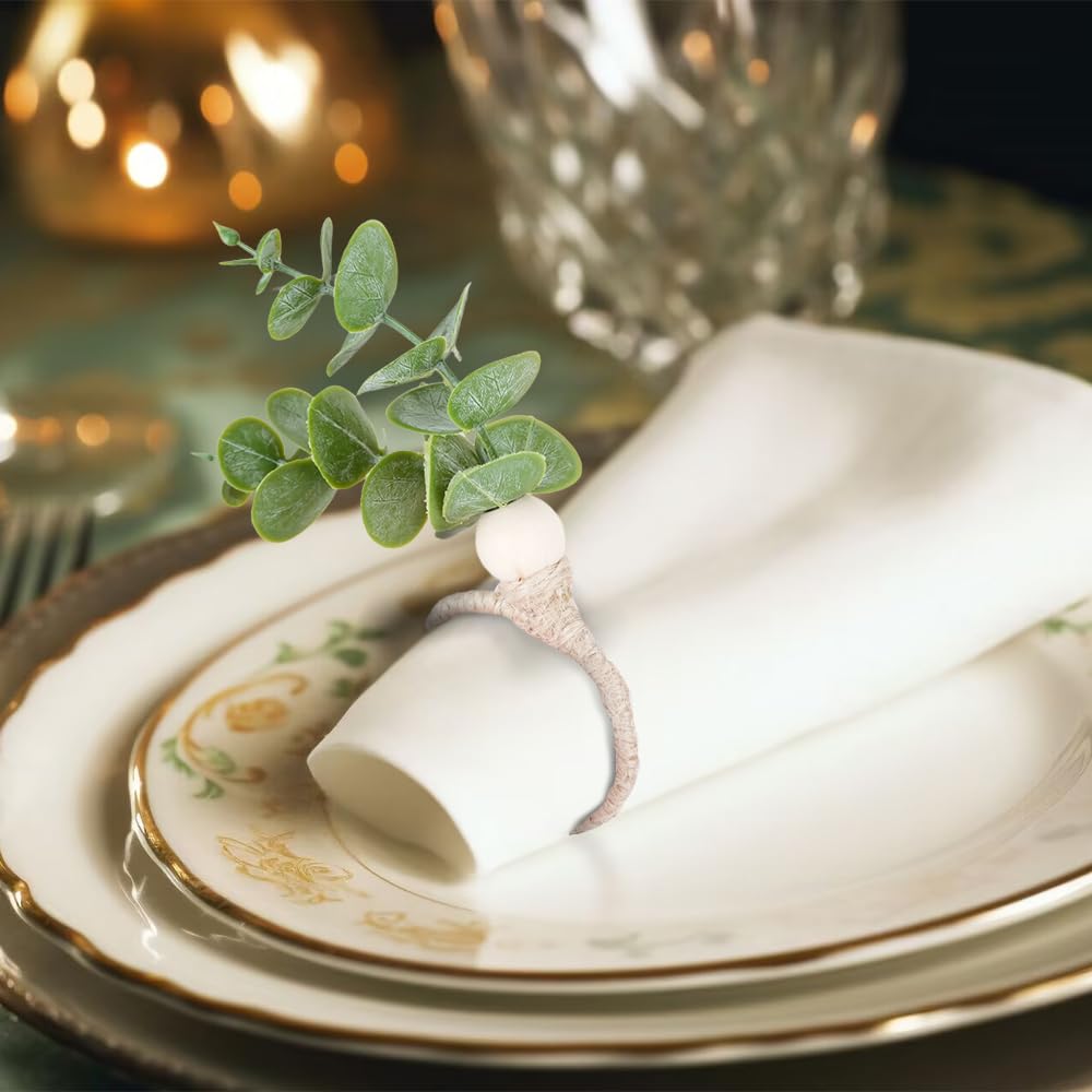 12 Ronds De Serviette En Bois D'Eucalyptus Avec Feuilles Vertes - Set Boho Rustique Pour Table Printemps, Noël Et Mariages