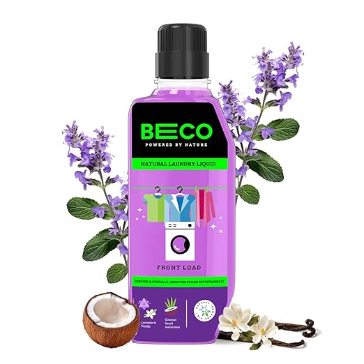 Beco Natural Liquid Detergent Front Load - 5L Bottle| Tough Stain Removal | Lavender & Vanilla Freshness | Retains Brightness & Shine | Chemical Free | Front Load Washing Machine Liquid