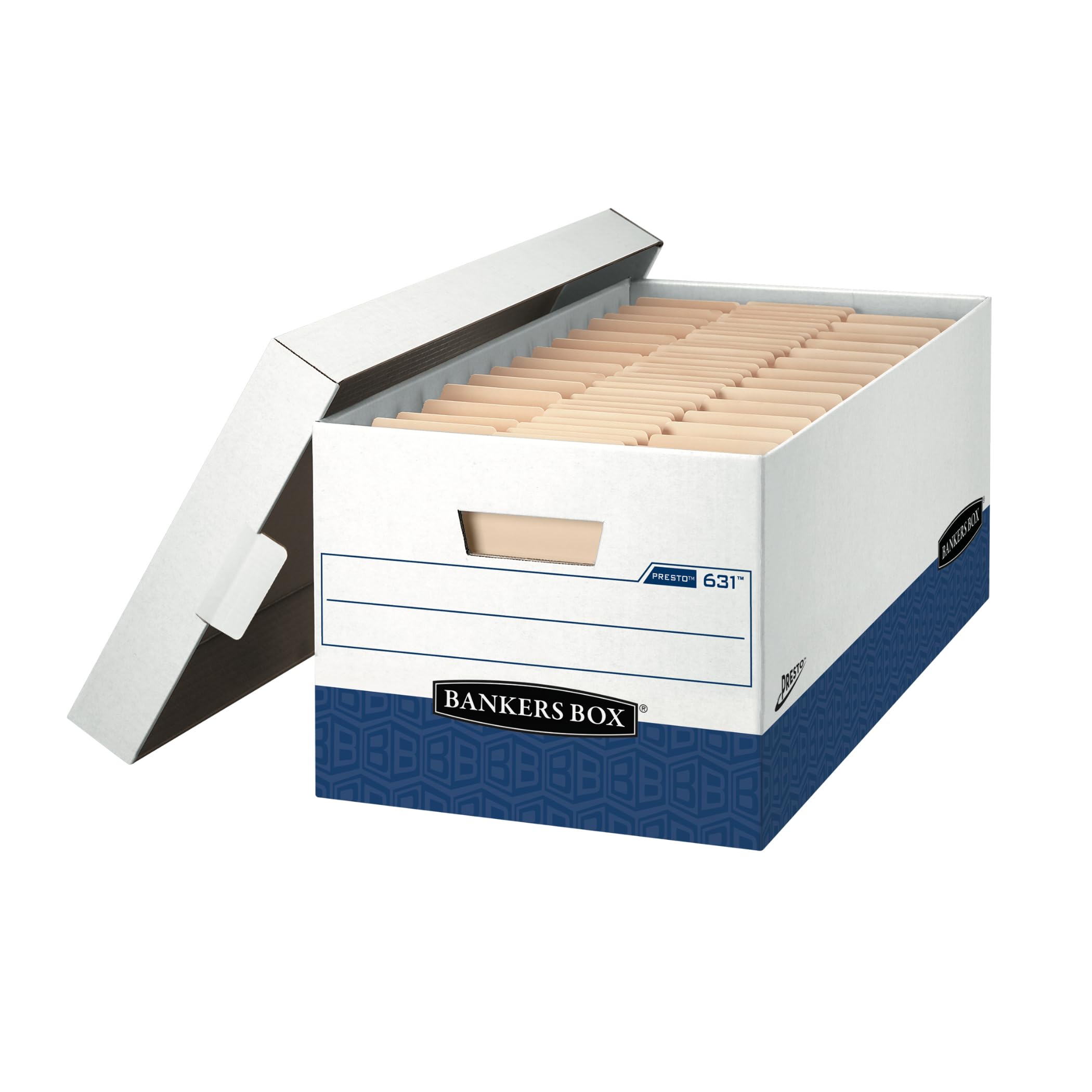 BANKERS BOX Presto - Paquete de 12 cajas de almacenamiento de archivos resistentes, montaje instantáneo, tapa de despegue, carta, blanco/negro