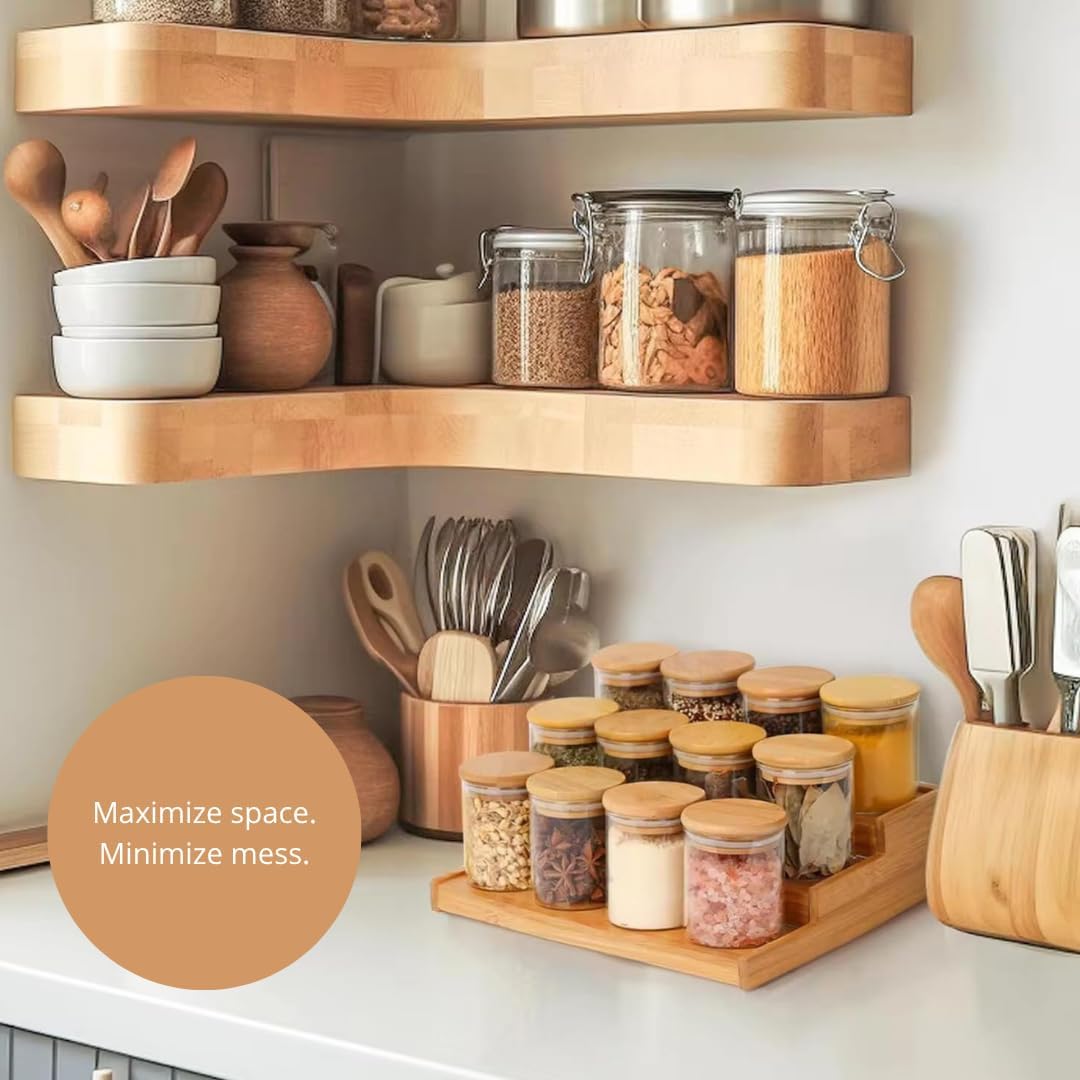 Bamboo Spice Rack Organizer with 12 Glass Jars - Premium Kitchen Cabinet & Countertop Complete Set - Eco-Friendly & Gift-Ready