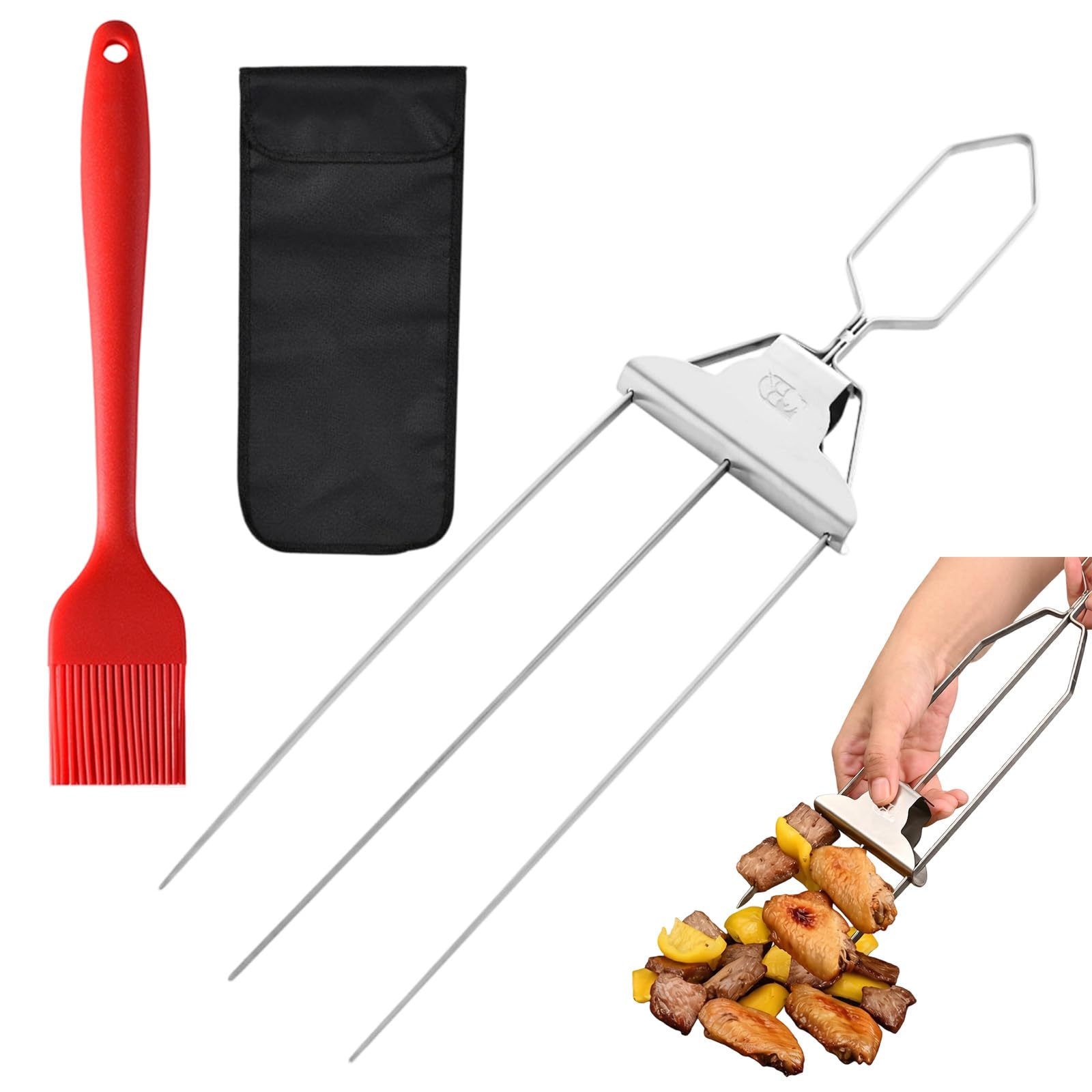 Elnwnnkc C Elnwnnk Efficient 3 Prongs Bbq Skewers Set Rafted From Sturdy Nonrust Steel Includes Basting Brush And Pouches Barbecue Spit Set