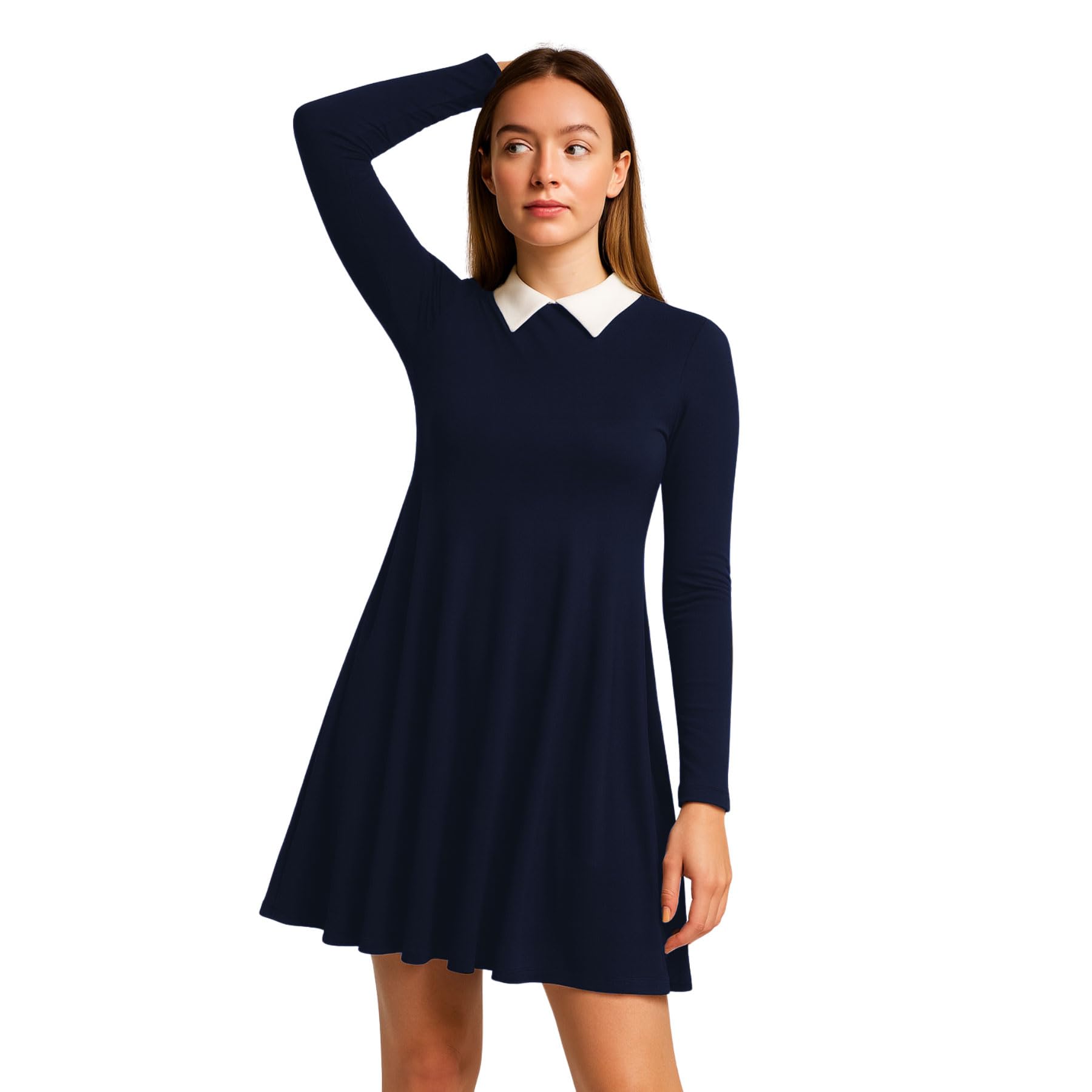 Hamishkane® Ladies Peter Pan Collar Swing Dress, Long Sleeve Skater Top, Classic A-Line Fit & Flare Style, Vintage Halloween Party Outfit, UK Size 8-26 Navy