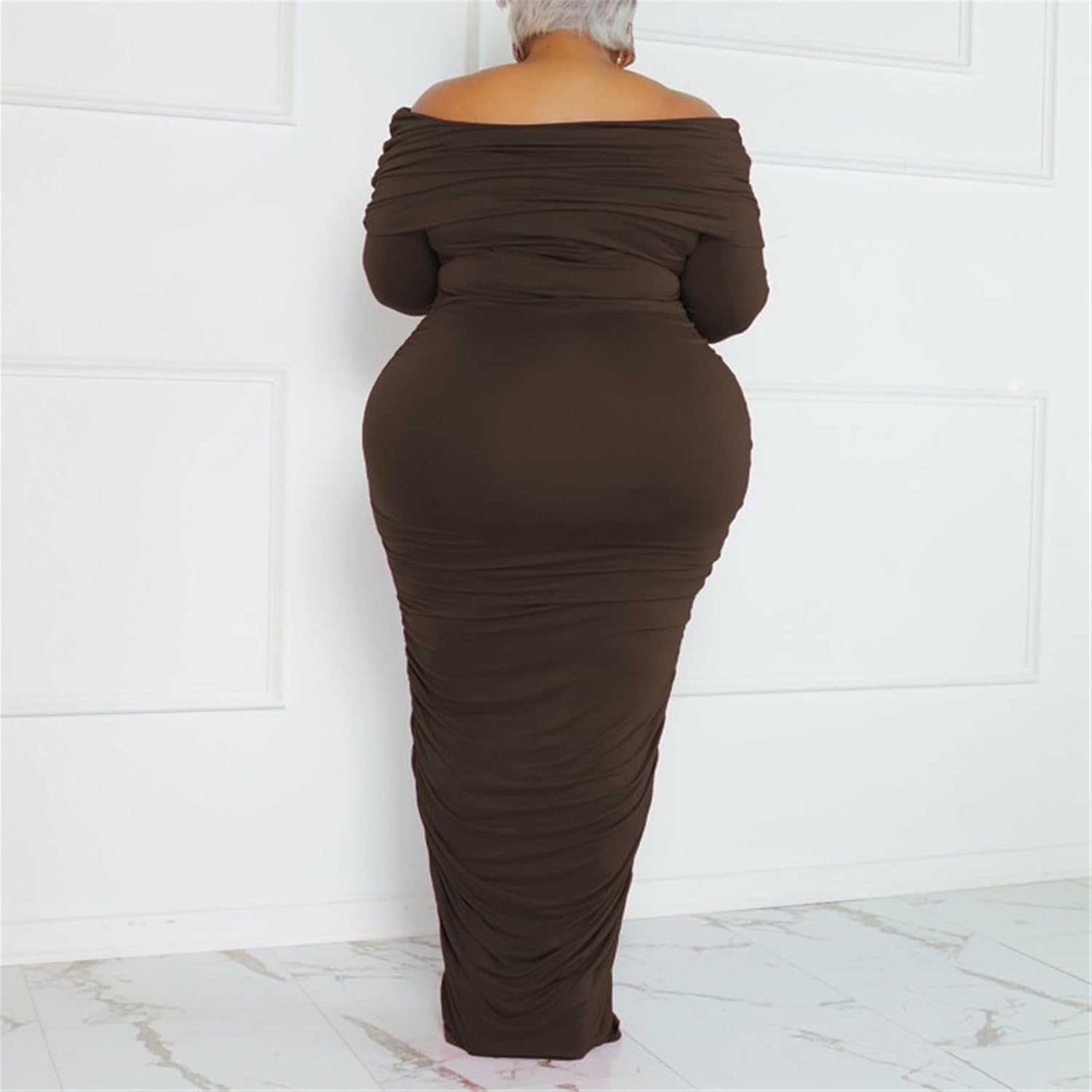 Women's Plus Size Off Shoulder Dress Ruched Long Sleeve Mesh Bodycon Midi Dresses for Plus Women