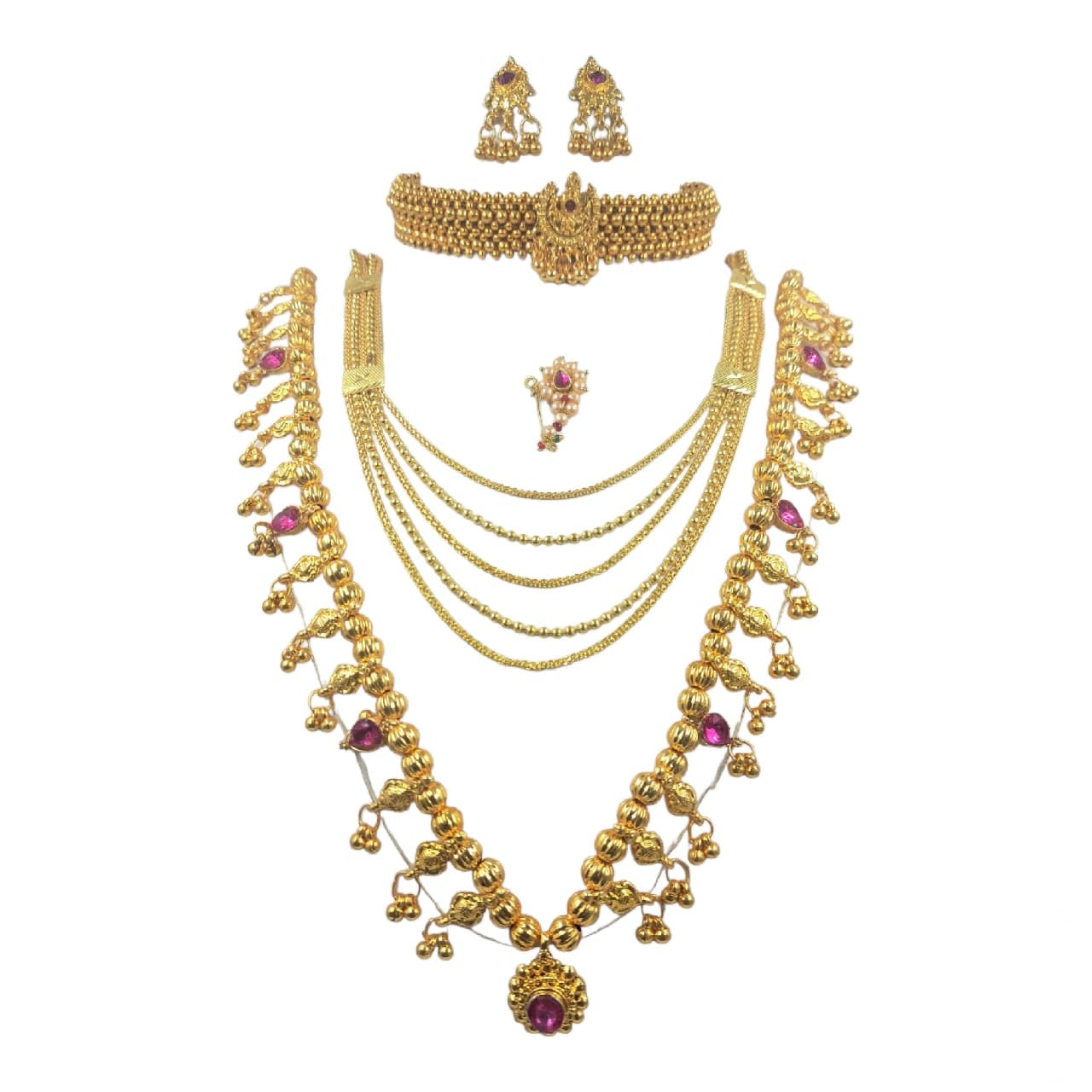 Swaroop Designer Maharashtrian Traditional Jewellery Kolhapuri Saaj Thushi Bridal 5 Layer Long Necklace Marathi Wedding Jewellery Set Earring Nath Combo For Women (B0CXN9YZFF) Amazon Price History, Amazon Price Tracker