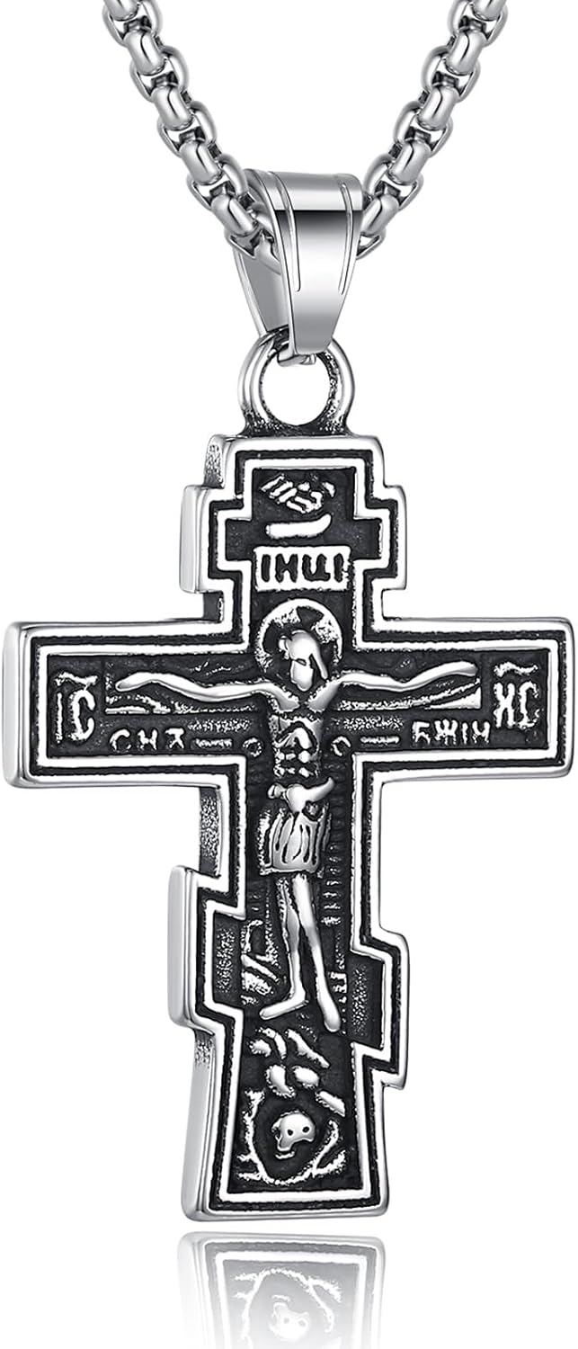 Orthodox Cross Necklace for Men Women - Vintage Byzantine Crucifix Pendant, Stainless Steel Religious Christian Jewelry