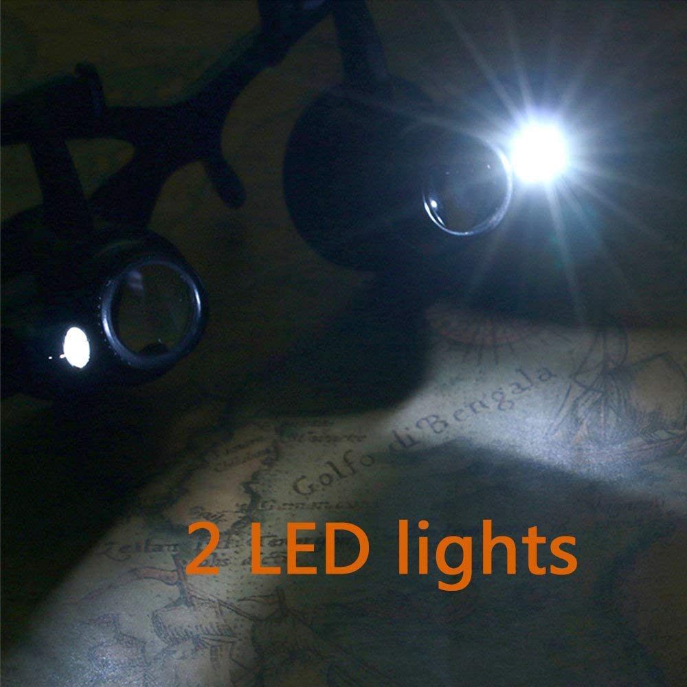 Diadema lupa con luz LED, cabeza manos libres montado lupa cabeza lupa 2.5X 4X 6X 8X 10X 15X 20X 25X lente para lectura, joyería lupa compartir visión