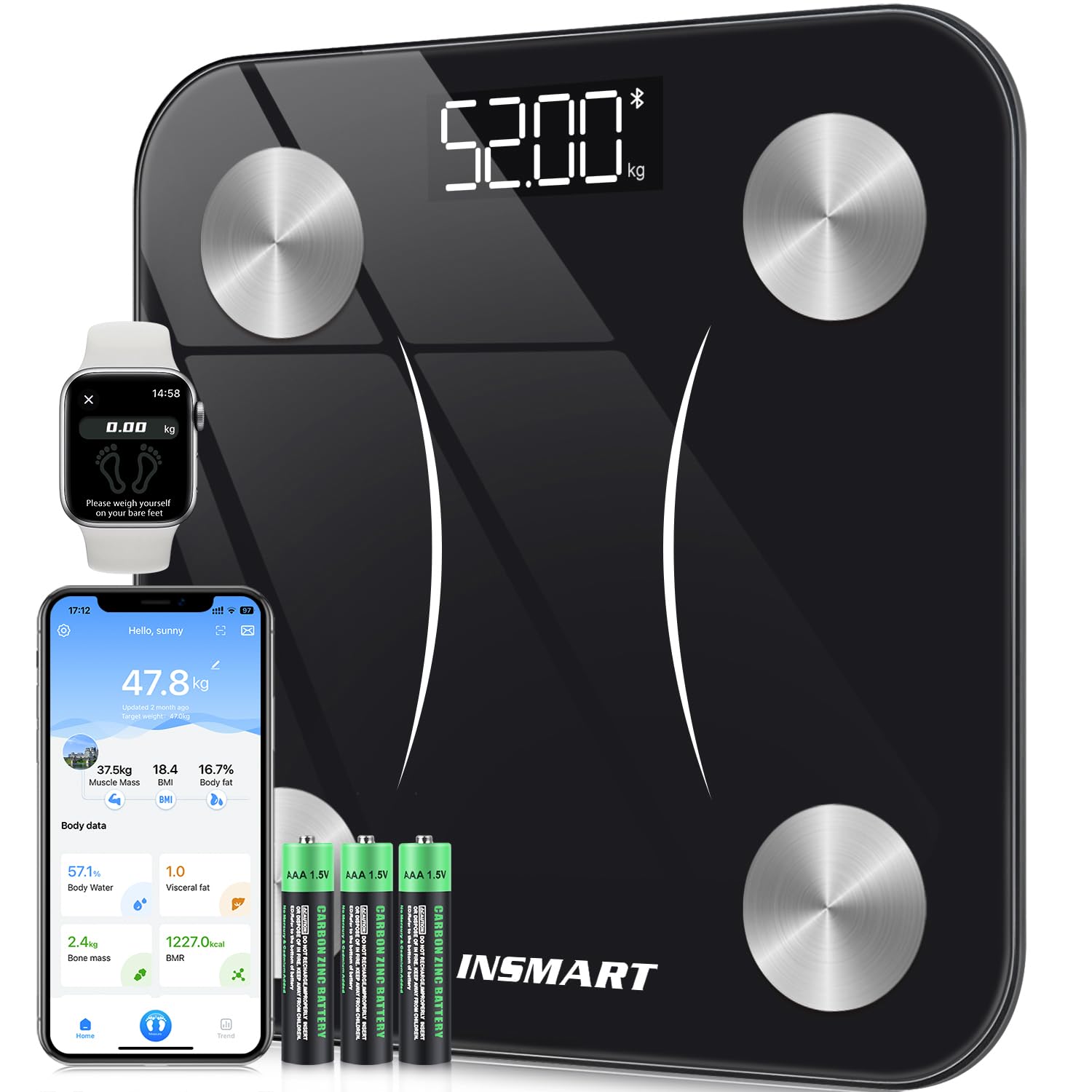 Bilancia Pesapersone Digitale Professionale, INSMART Bilancia Impedenziometrica Smart Bluetooth con 16 Indici di Misurazione Pesa Persone, Massa Grassa e Magra, BMI, Massa Muscolare o Ossea, 180KG