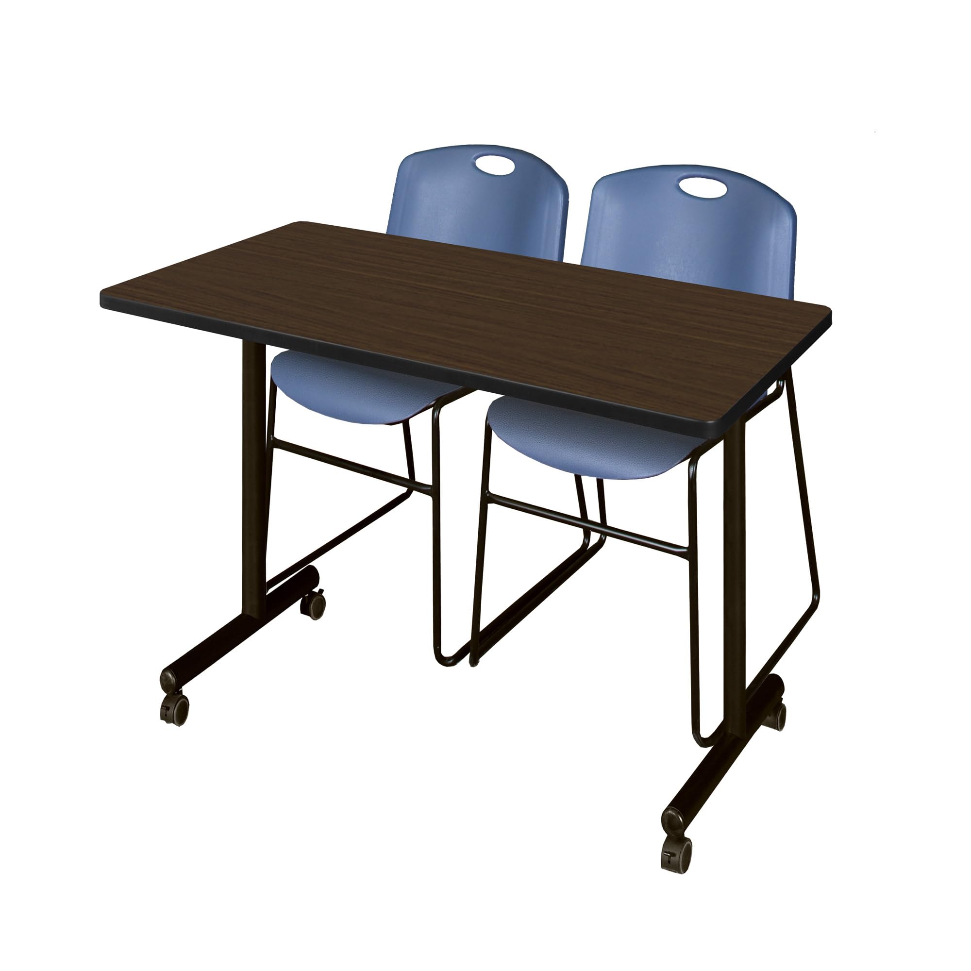 Regency Kobe 48 x 24 in. Mobile T-Base Training Table- Neo Walnut, 2 Zeng Stack Chairs- Blue