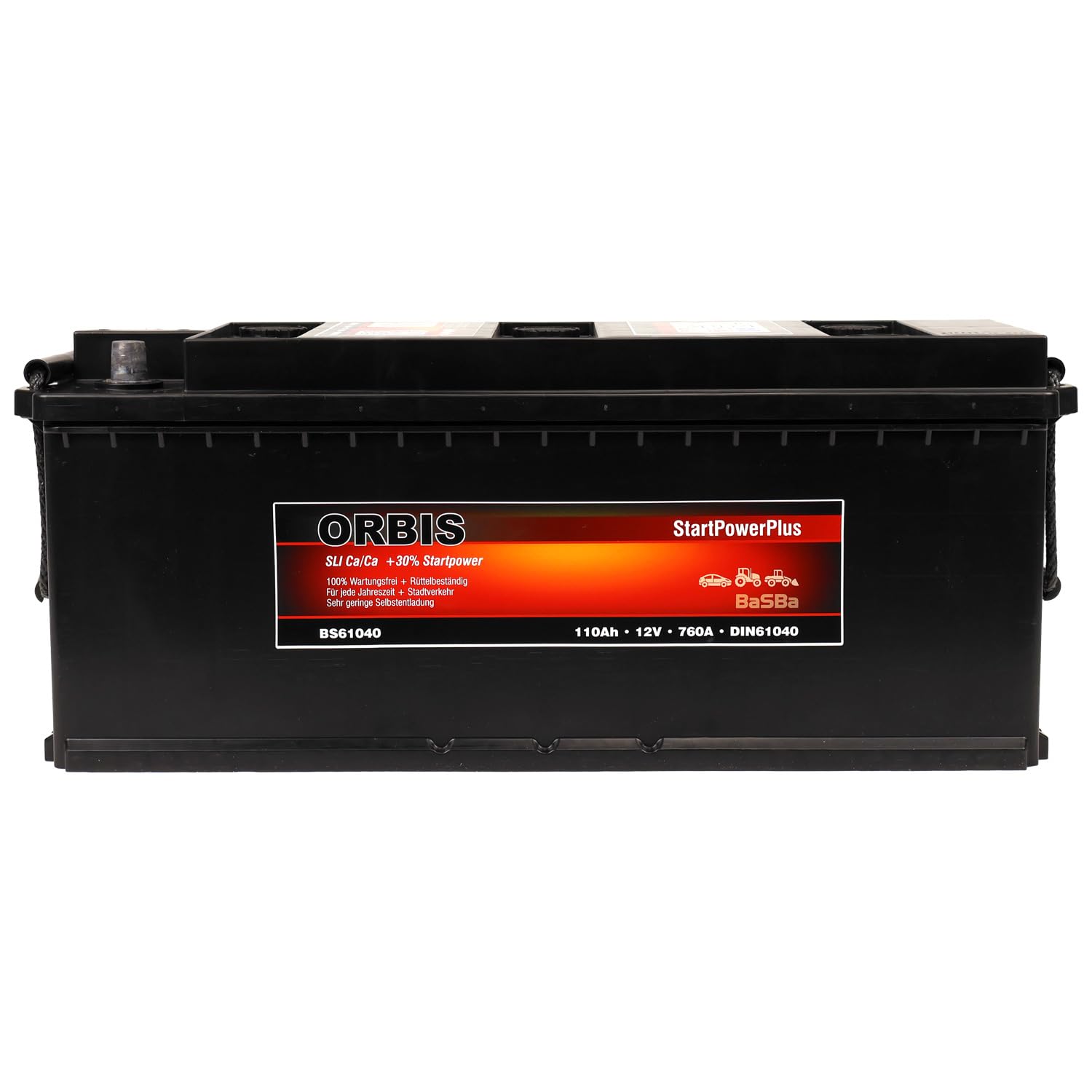 LKW Starterbatterie 12 V 110 Ah – wartungsfrei, gefüllt & geladen, robuste Ca/Ca Technologie mit starker Kaltstartreserve 760 A für Nutzfahrzeuge Orbis BS61040 | BaSBa 4906