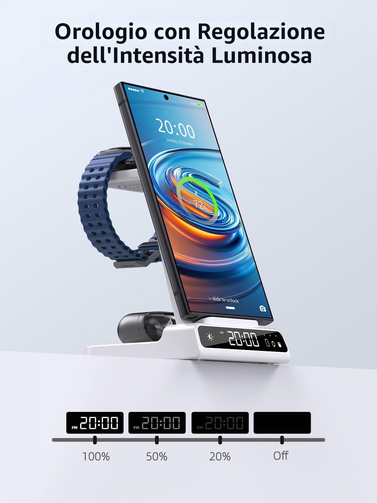 Caricatore Wireless Con Orologio Digitale per Samsung Galaxy S25 Ultra, Stazione di Ricarica Wireless per Galaxy Watch Ultra 8/7/6, Caricatore Wireless per S24 Ultra Z Fold 6/Z Flip 6,Galaxy Buds 2