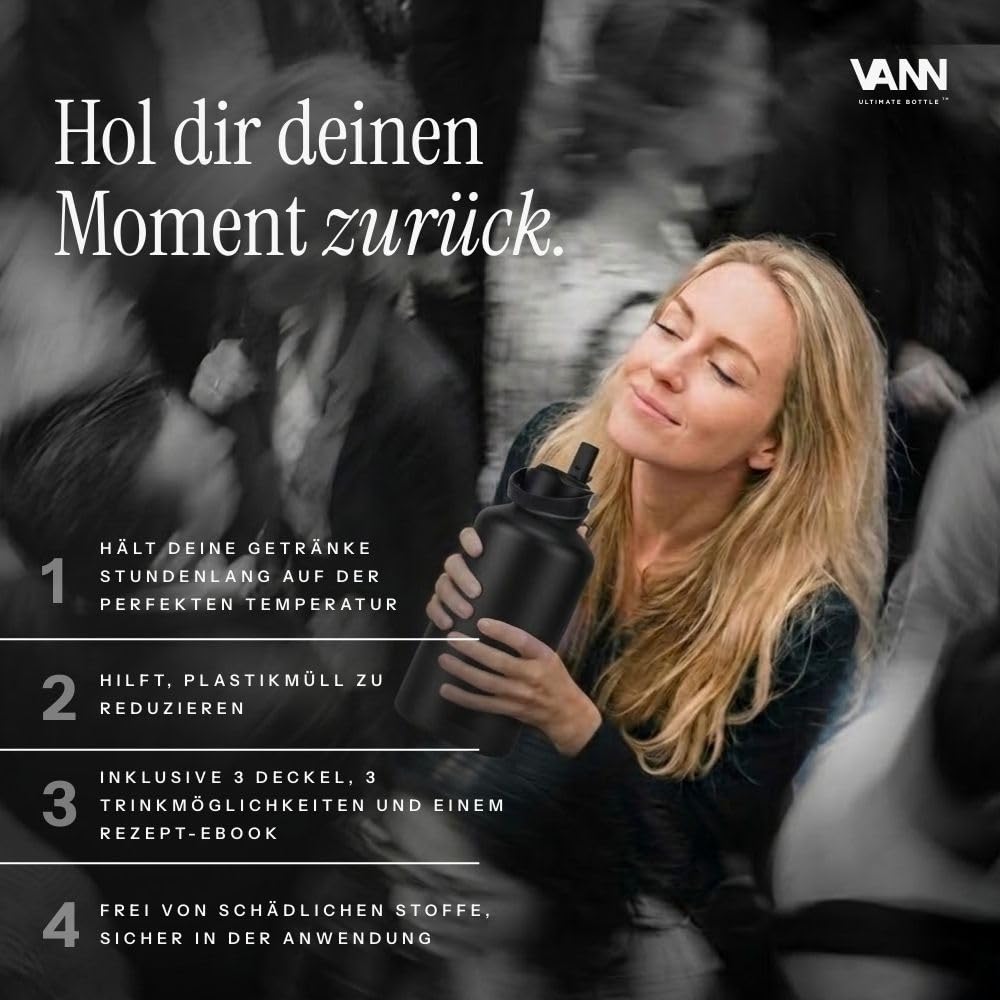 VANN Trinkflasche 2L mit Strohhalm - 3fach isoliert [24h kalt 12h warm] | Thermosflasche für Fitnessstudio, Sport - Trinkflasche Edelstahl [BPA-Frei] - Wasserflasche inkl. 5 Zubehörteile - Schwarz