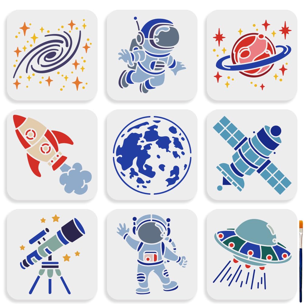 MAYJOYDIY 9pcs Space Astronaut Stencil 6×6inch Space Theme Stencils with Paint Brush Reusable Planet Rocket Telescope Spacecraft Galaxy Drawing