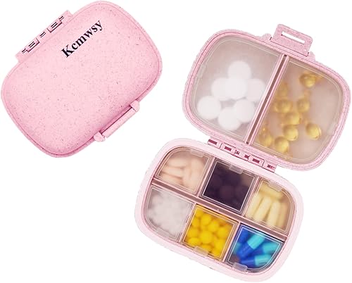 Pastillero de viaje pequeño, portátil, diario, 8 compartimentos, pastillero para bolso, bolsillo para medicamentos, vitaminas, contenedor (rosa