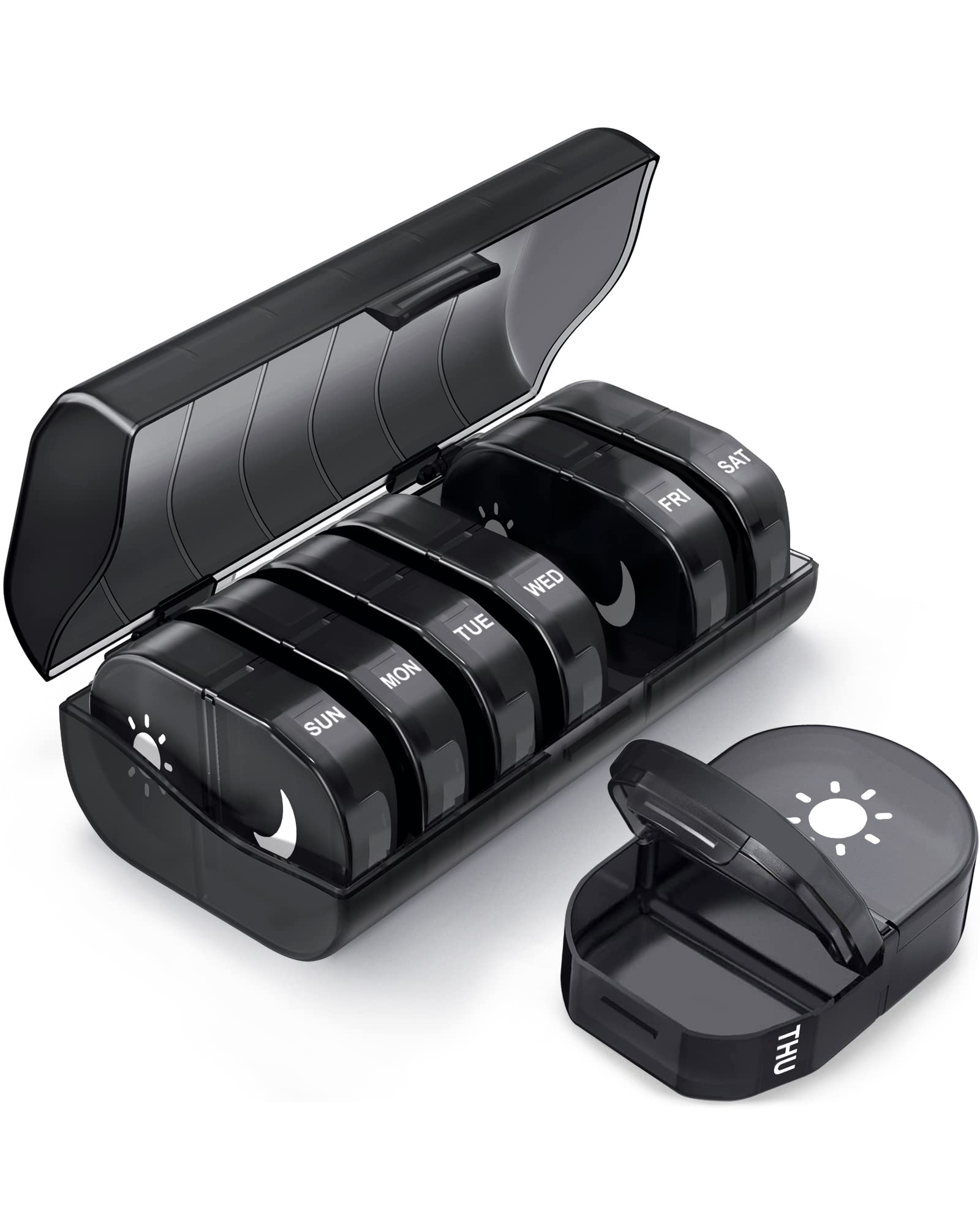 Pill Organizer 2 Times a Day, FULLOT Lightproof Weekly Pill Box 7 Days with Large Capacity, Black Privacy Protection AM PM Pill Case for Vitamins, Medication, Supplements, Fish Oils