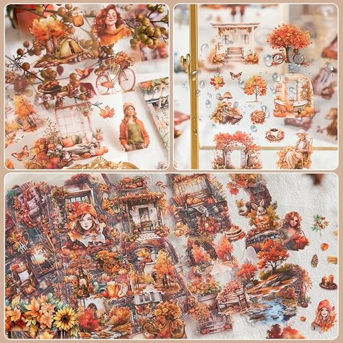 Image of Jaravik Seasons Theme Vintage Aesthetic Sticker Book - 20 Sheets Seasonal Scrapbook Stickers | | Cottagecore Planner & DIY Craft Supplies Scrapbooking Stickers (Autumn)