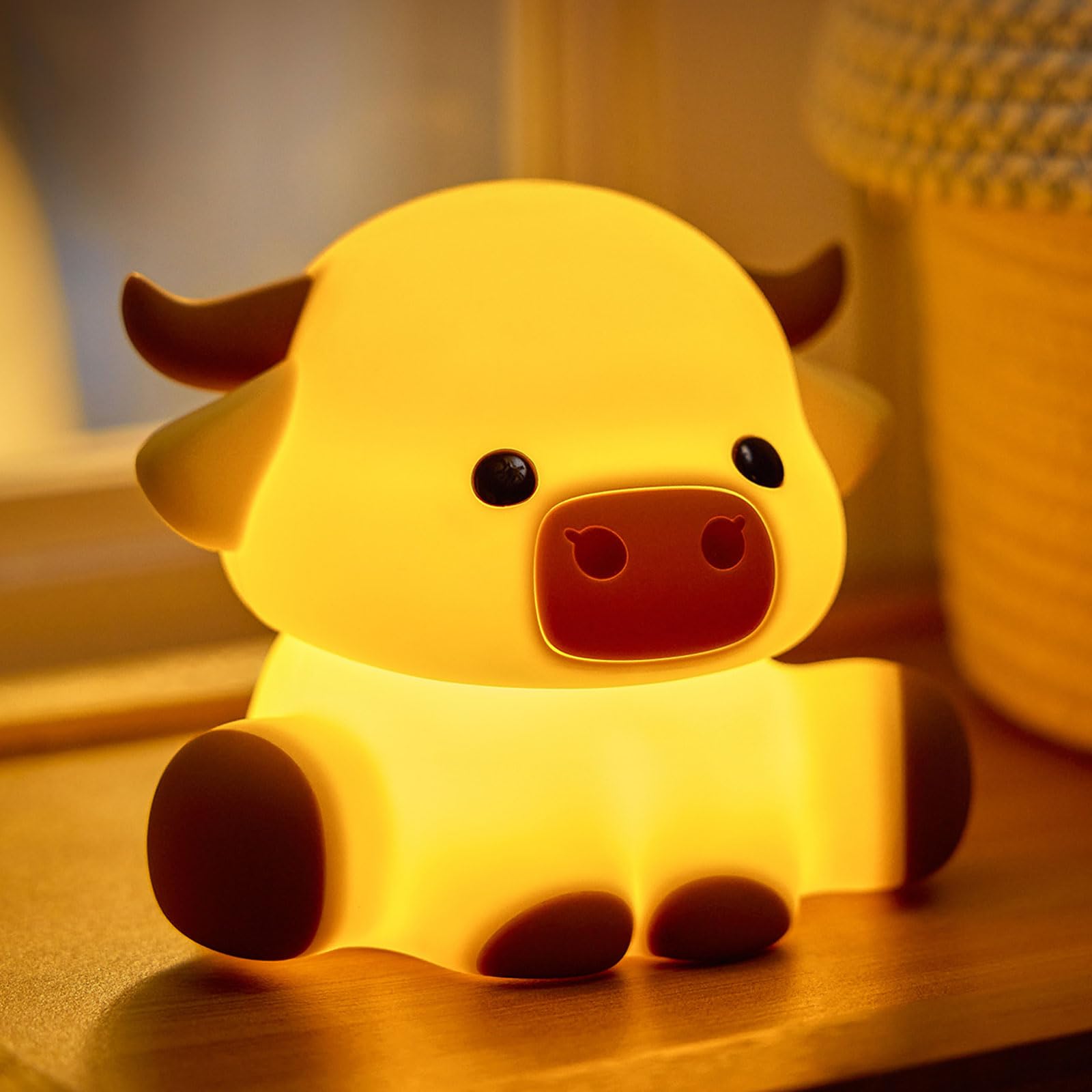 Rinder-Nachtlicht für Kinder, quetschbares Silikon, 3-stufig dimmbar, Touch-Steuerung, niedliches Nachtlicht mit Timer, tragbares USB-wiederaufladbares Kinderzimmer, rosa Nachtlampe