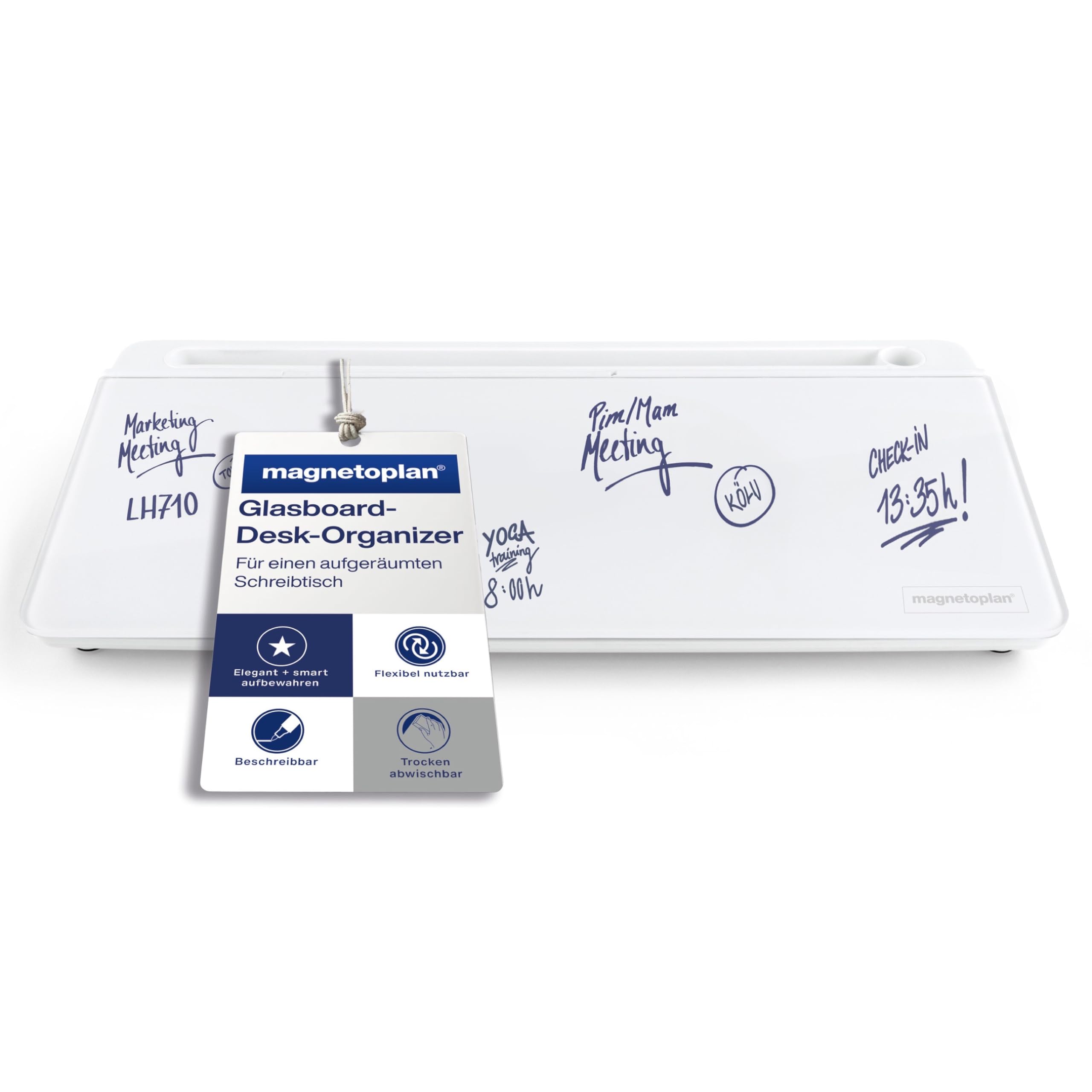 magnetoplan Glasboard Desk Organizer Whiteboard 420 x 56 x 180 mm weißes Glas mit Zubehörfächern inkl. Boardmarker mit Löscher