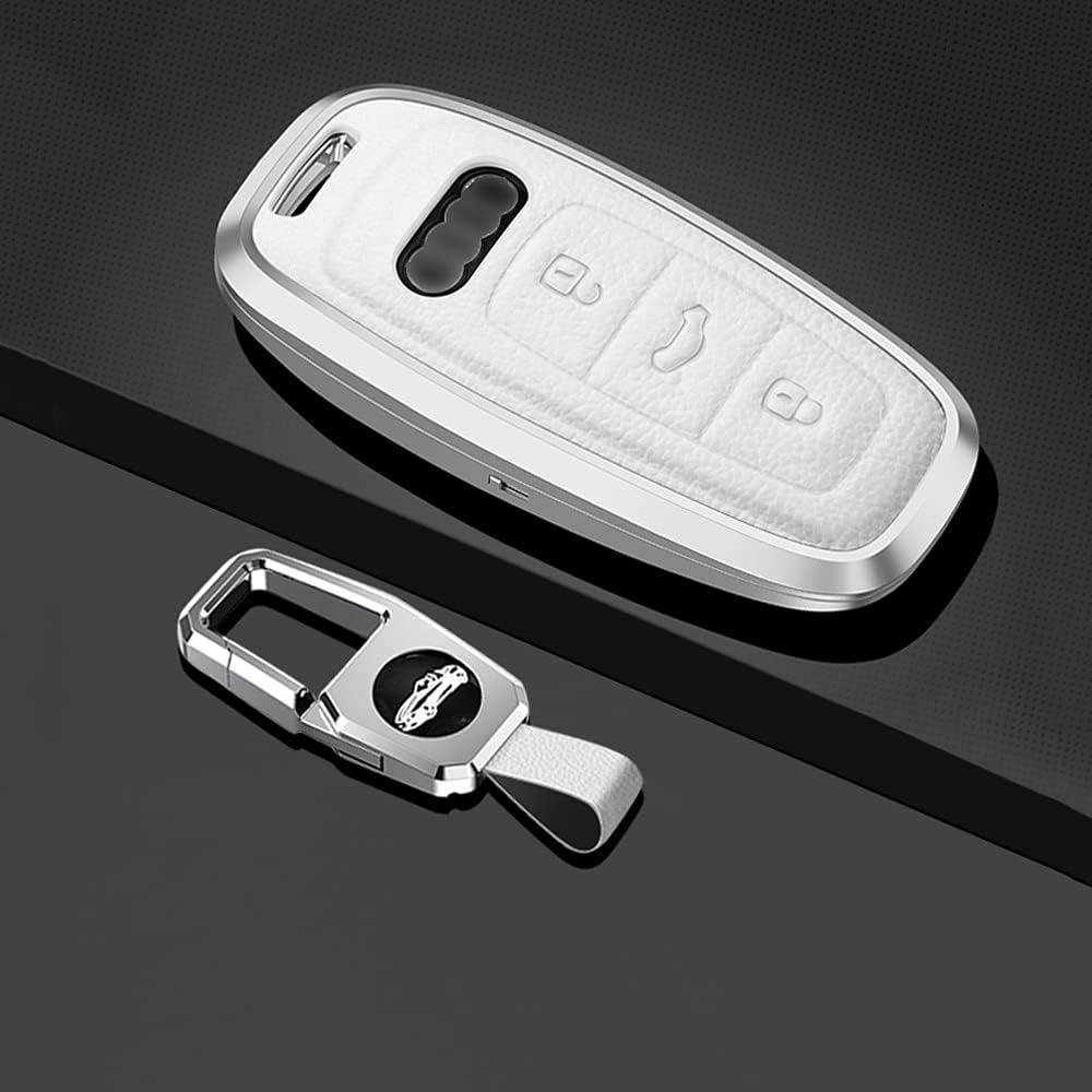 SANRILY Keyless White Key Fob Cover for Audi A6 A7 A8 2020 2021 E-tron Q8 Q7 Metal Leather Key Protector Case Shell with Keychain