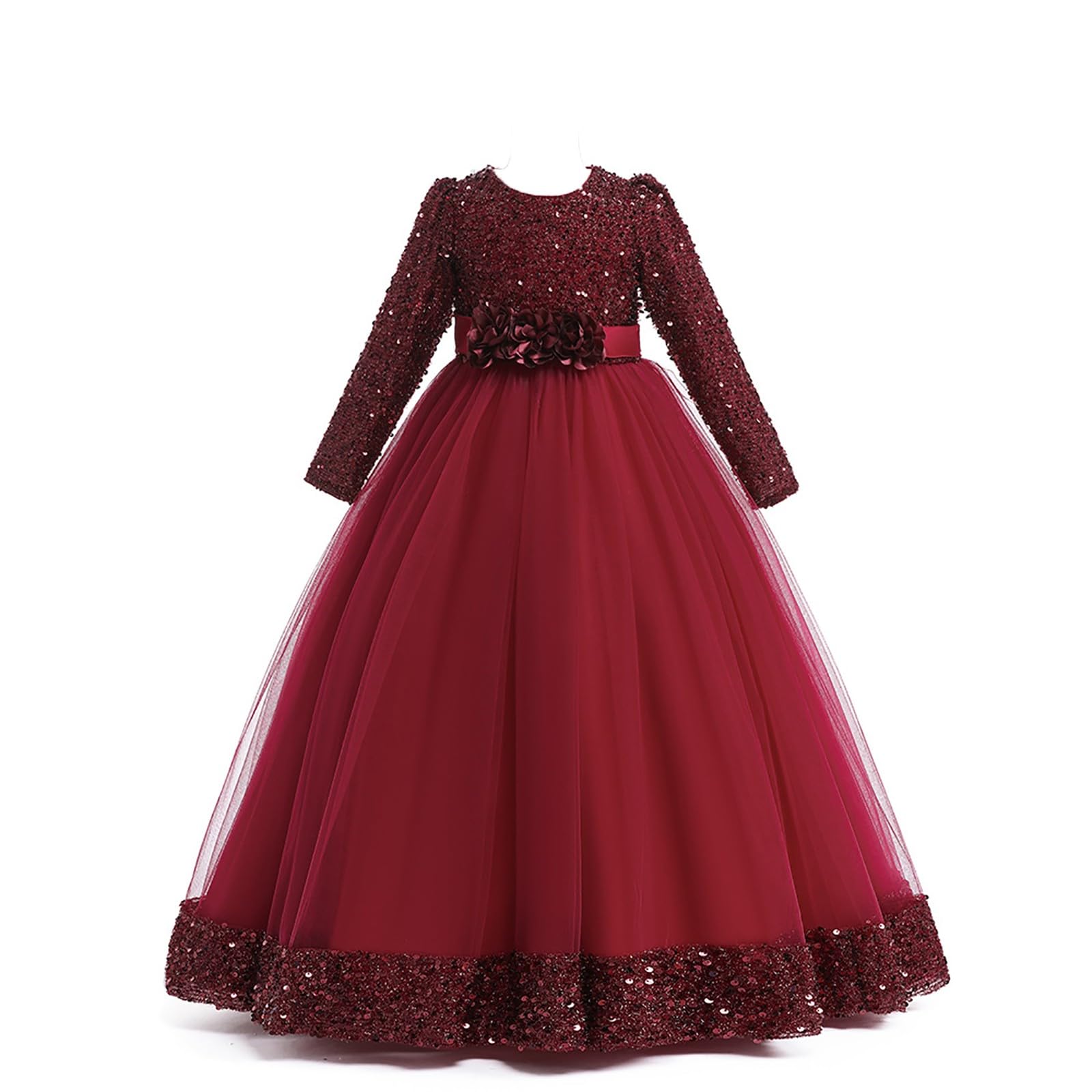 Blumenmädchenkleid, langärmelig, Pailletten, Tüll, Prinzessin, Festzug, Kleider, Kindergeburtstag, Brautjungfer, Hochzeit, Party, formelles Ballkleid