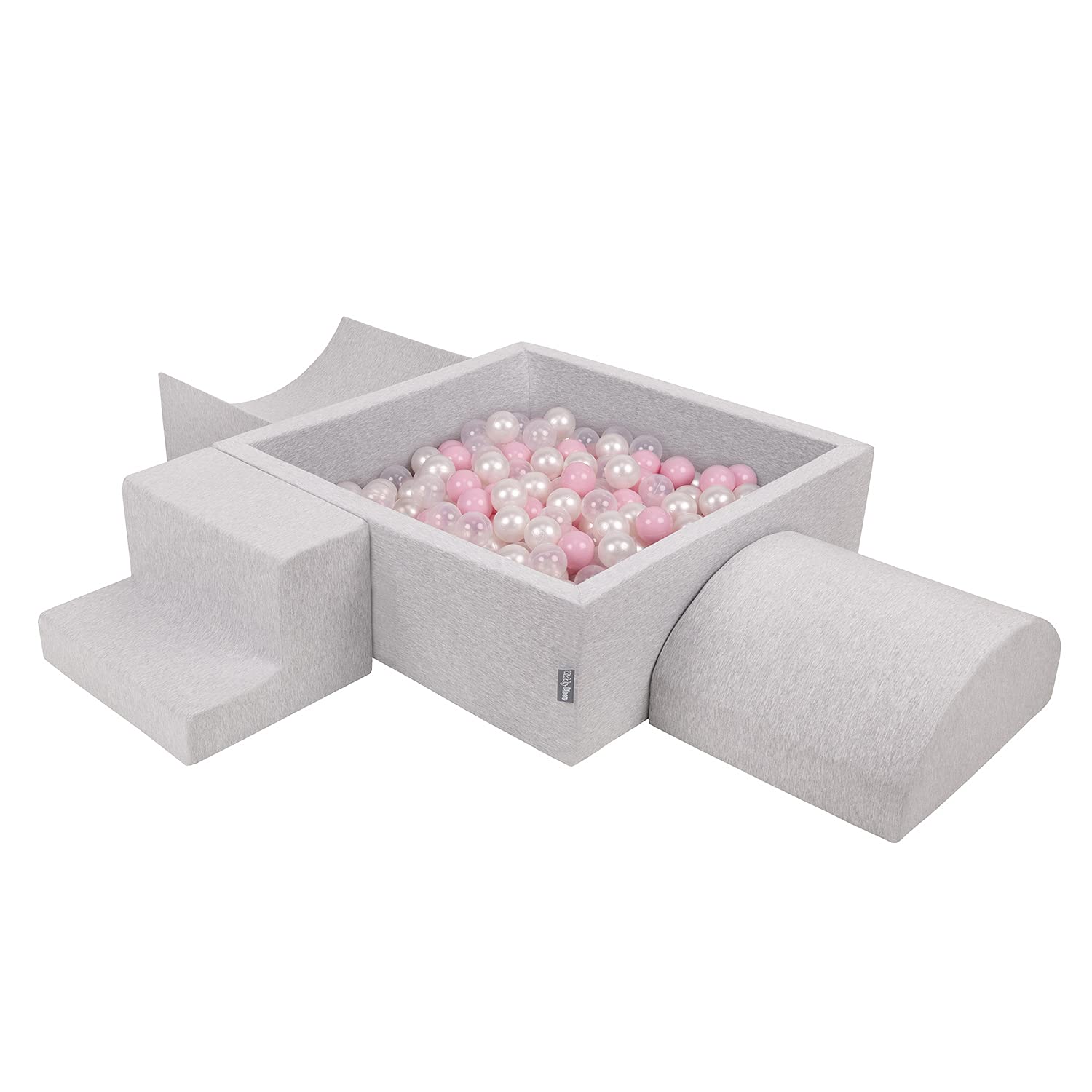 KiddyMoon Foam Playground For Kids With Square Ballpit (200 Balls ∅ 7Cm/2.75In) Soft Obstacles Course And Ball Pool, Made In The EU, Lightgrey:Powderpink/Pearl/Transparent