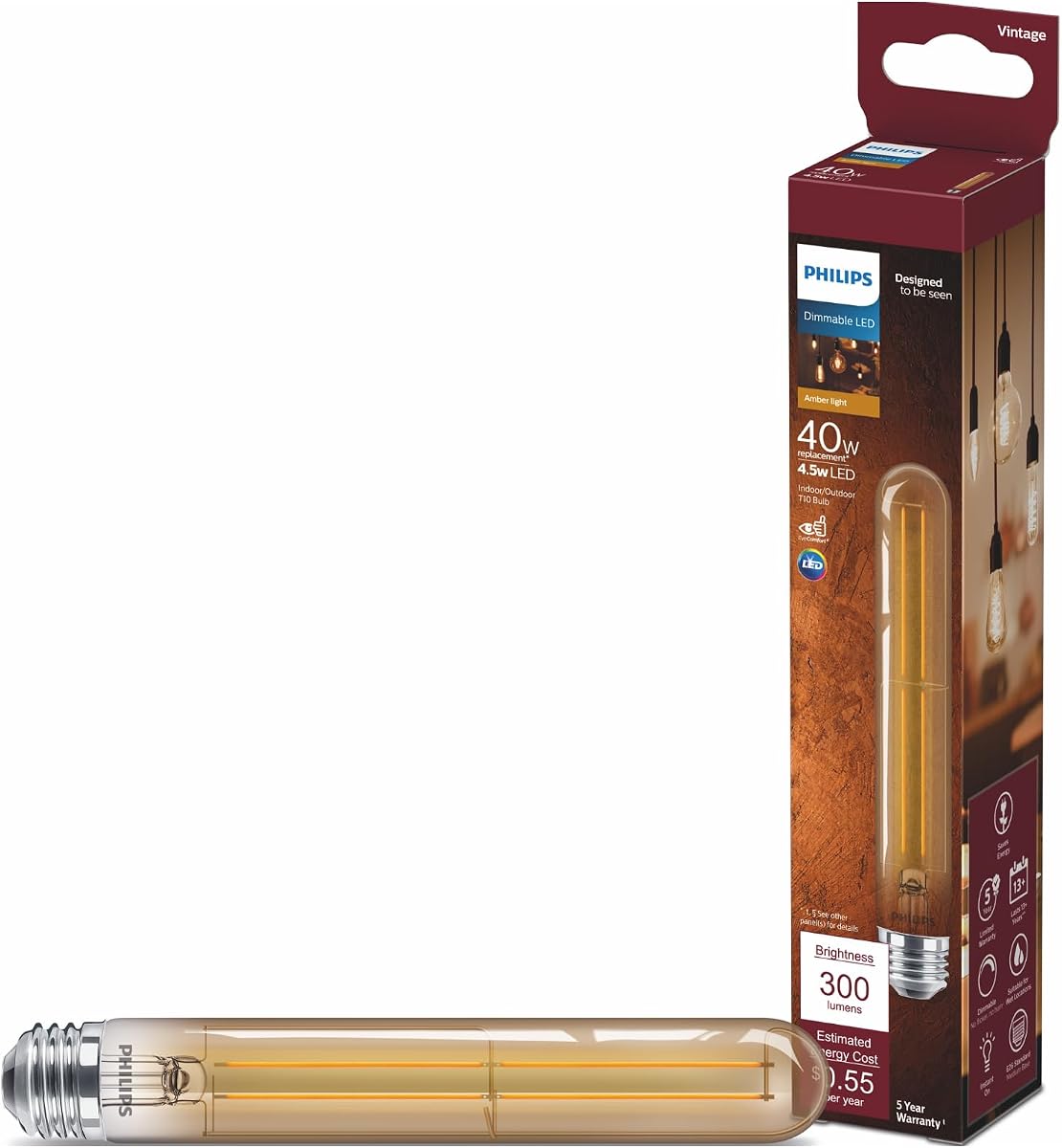 Philips LED Vintage Dimmable T10 Light Bulb - EyeComfort Flicker Free - 4.5W = 40W - 300 Lumen - Amber (2000K) - E26 Base - Indoor -Title 20
