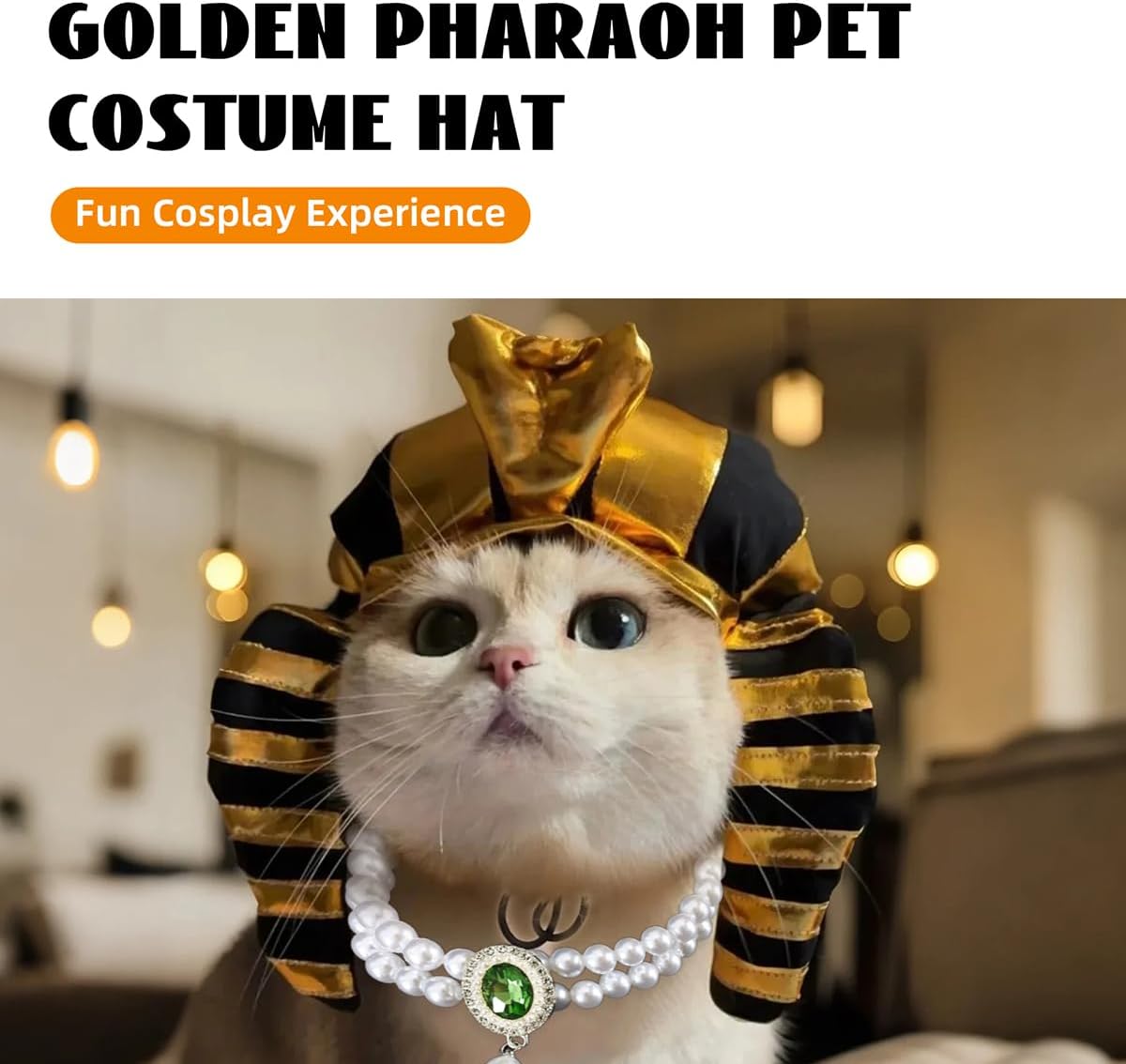 MANON ROSA Cat Egyptian Costume Set 2PC – Pet Golden King Pharaoh Headwear with Pearl Necklace, Cute Festival Cosplay Outfits Accessory & Photo Props for Small Medium Dogs Cats Puppies Kittens