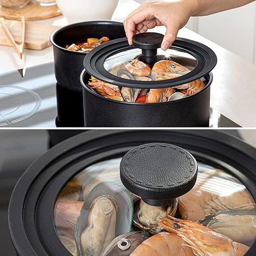 Miniatura 8 de IH titanio revestimiento antiadherente inducción utensilios de cocina Set de 3P con tapa y mango mágico Negro