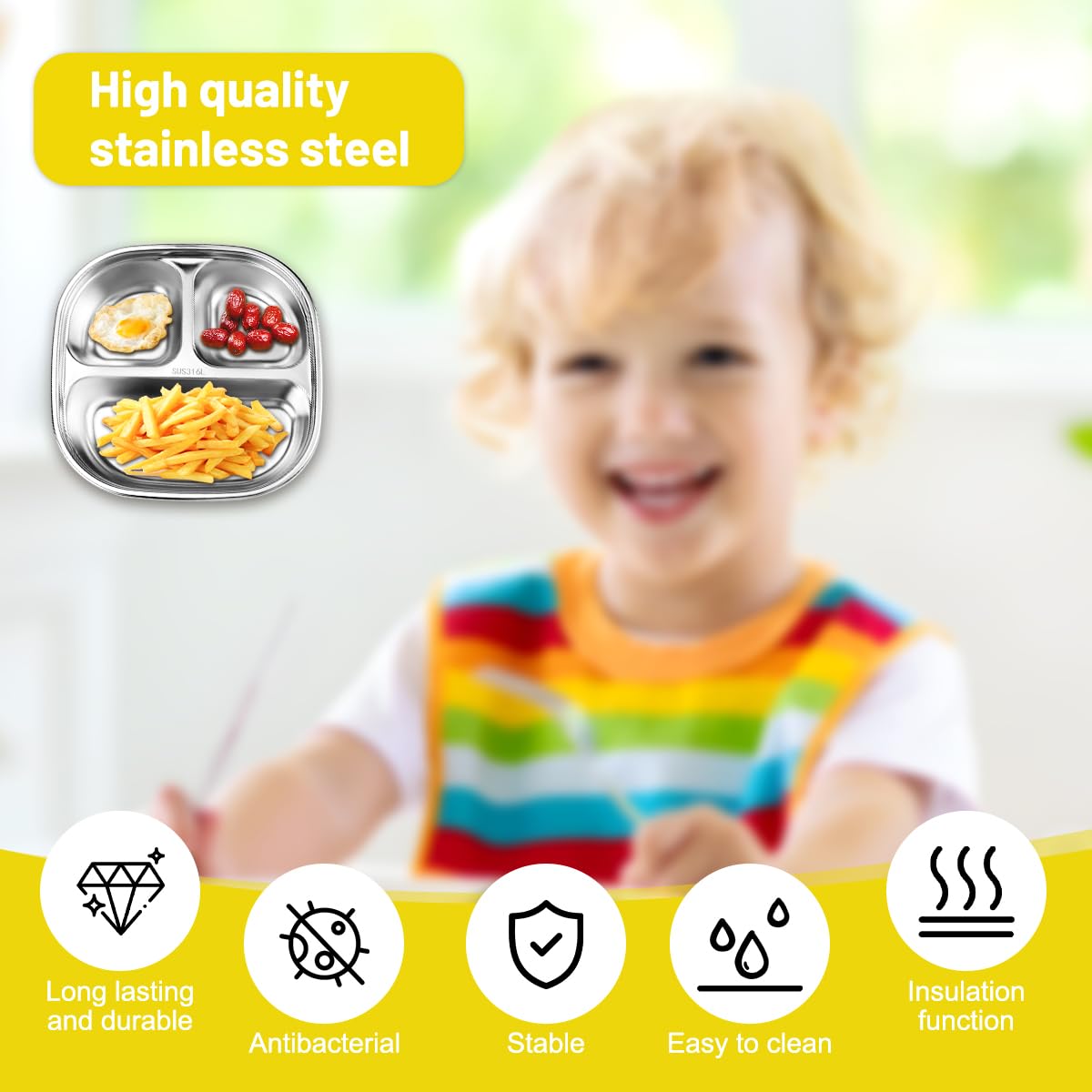 Vexran Edelstahl Baby Teller Mit Saugnapf - 3-fach Unterteilung