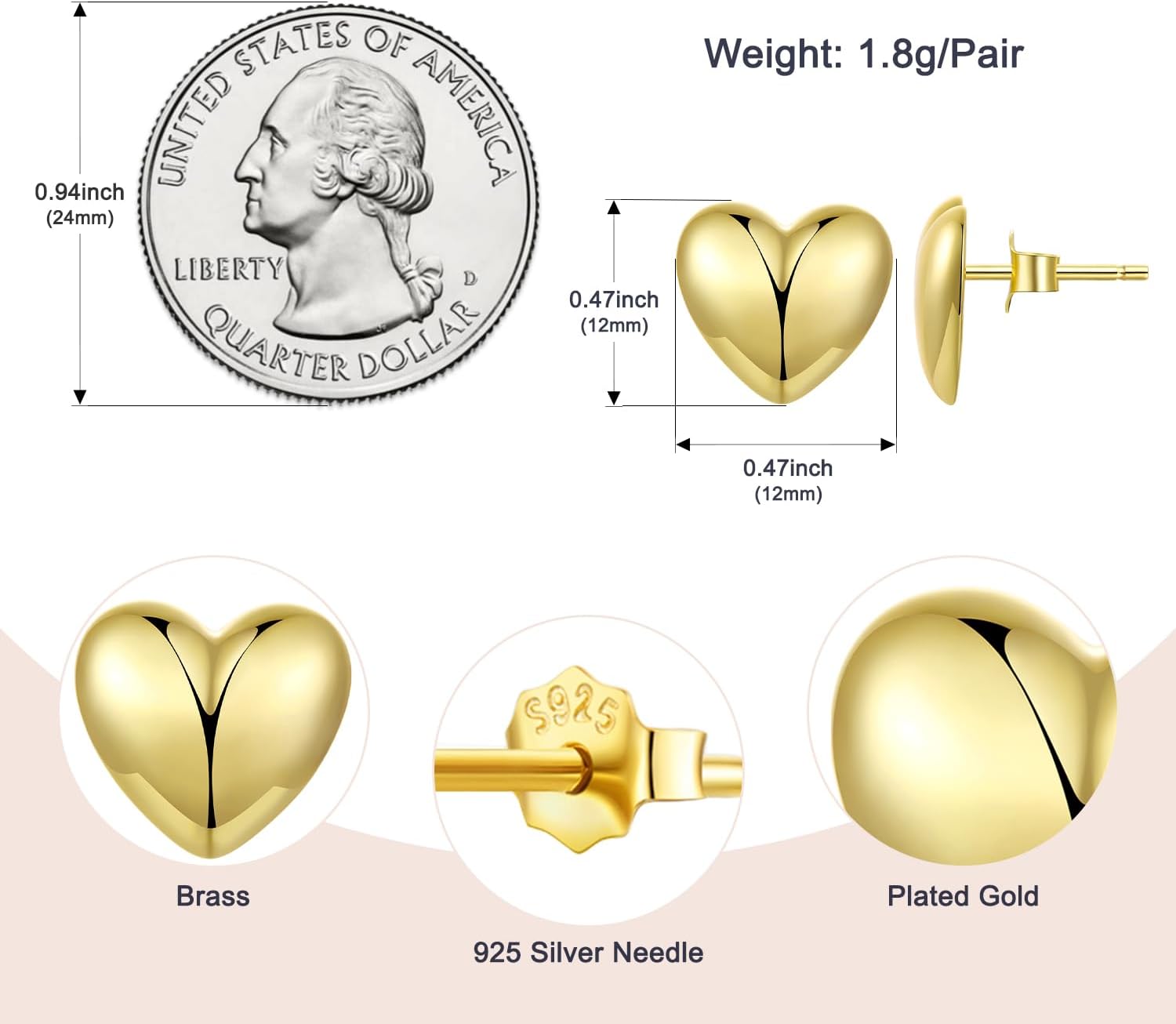 MUNDELL Gold Plated Heart Stud Earrings | Cute Four-leaf Clover Stud Earrings Flat Back Floral Hypoallergenic Earring for Women Fine Jewelry - Image 6
