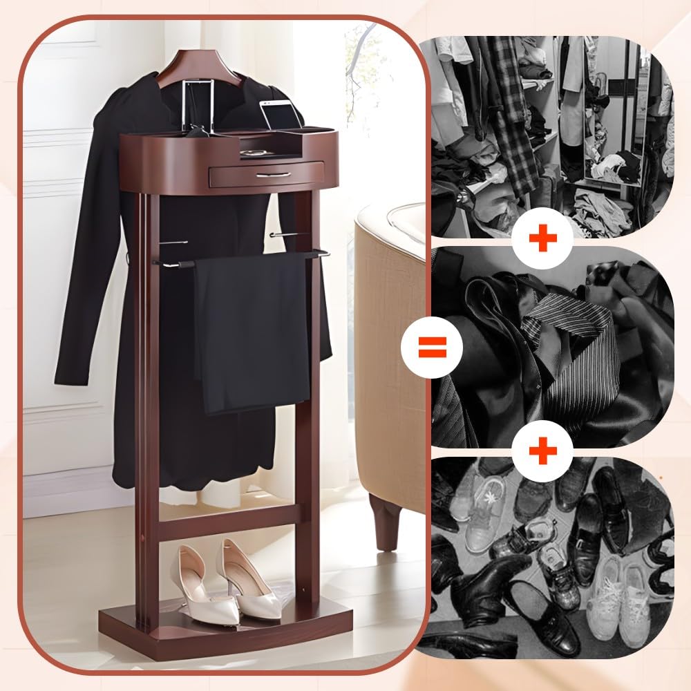 Galán de Noche de Madera Maciza, Multifuncional Galán de Noche con Percha de Hombro Ancha, Pantalonero, Bandeja,Cajón, Corbatero, para Ropa de Hombre o Mujer, 44.4x30x112.2cm