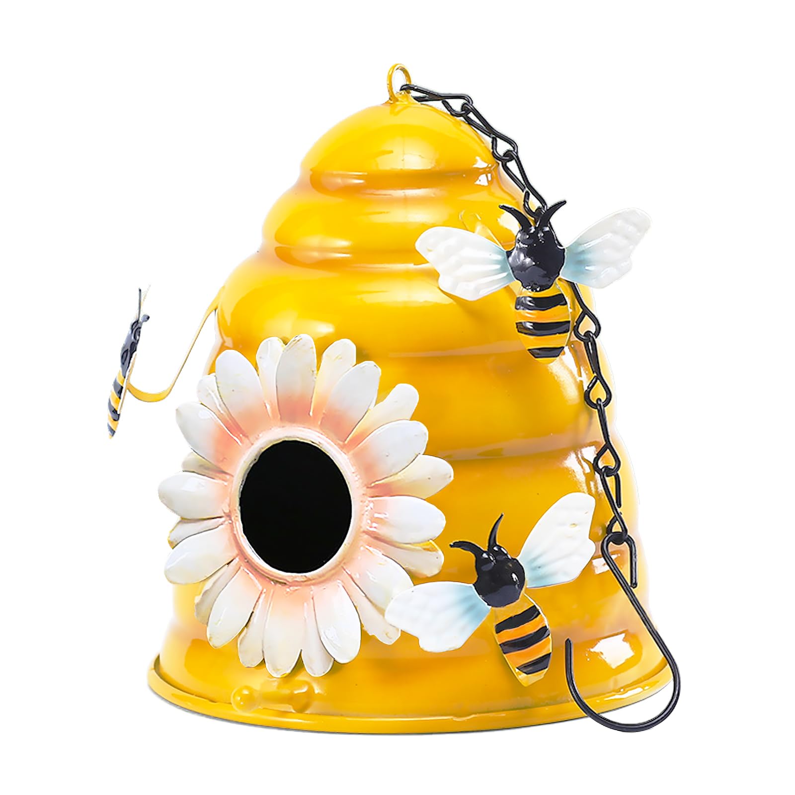 Metal Beehive Bird House with Bees - Weatherproof Hanging Decorative for Outside Garden, Patio, Attracts Wild Birds Like Finches