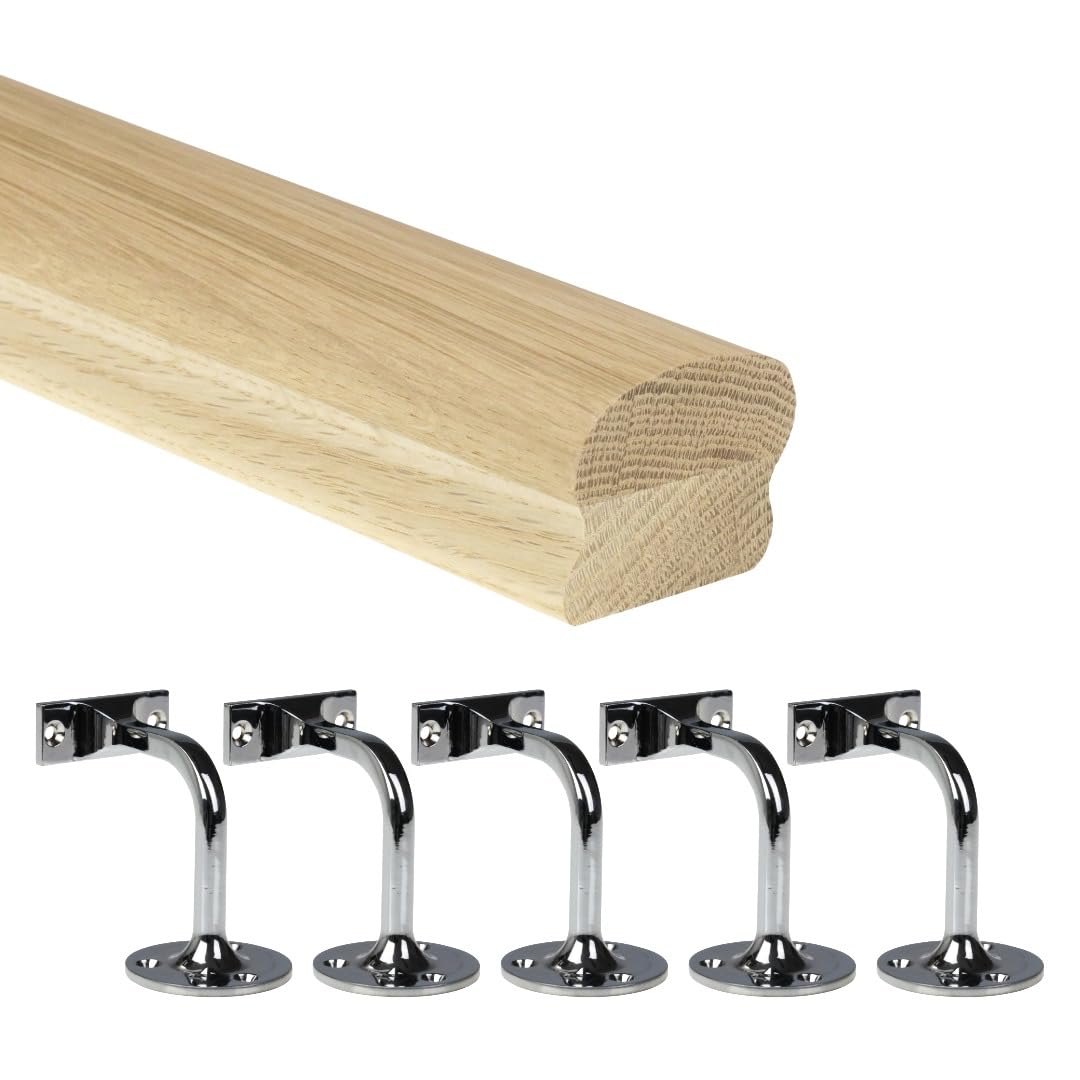 Jackson Woodturners Oak Cottage Loaf Handrail Kit 66x45mm Engineered Oak with Chrome Wall Brackets – Various Lengths 1800mm 2400mm 3600mm 4200mm (4200mm + 5 Wall Brackets)
