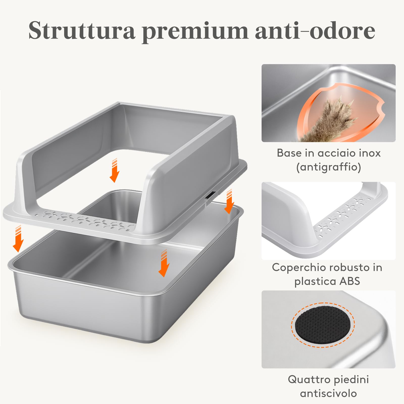 Lifewit Lettiera Gatto in Acciaio Inox, XXL Aperta Toilette per Gatti con Pala, Lettiera Gatto per Soggiorno, Camera da Letto, 58 x 38 x 26 cm, Grigio