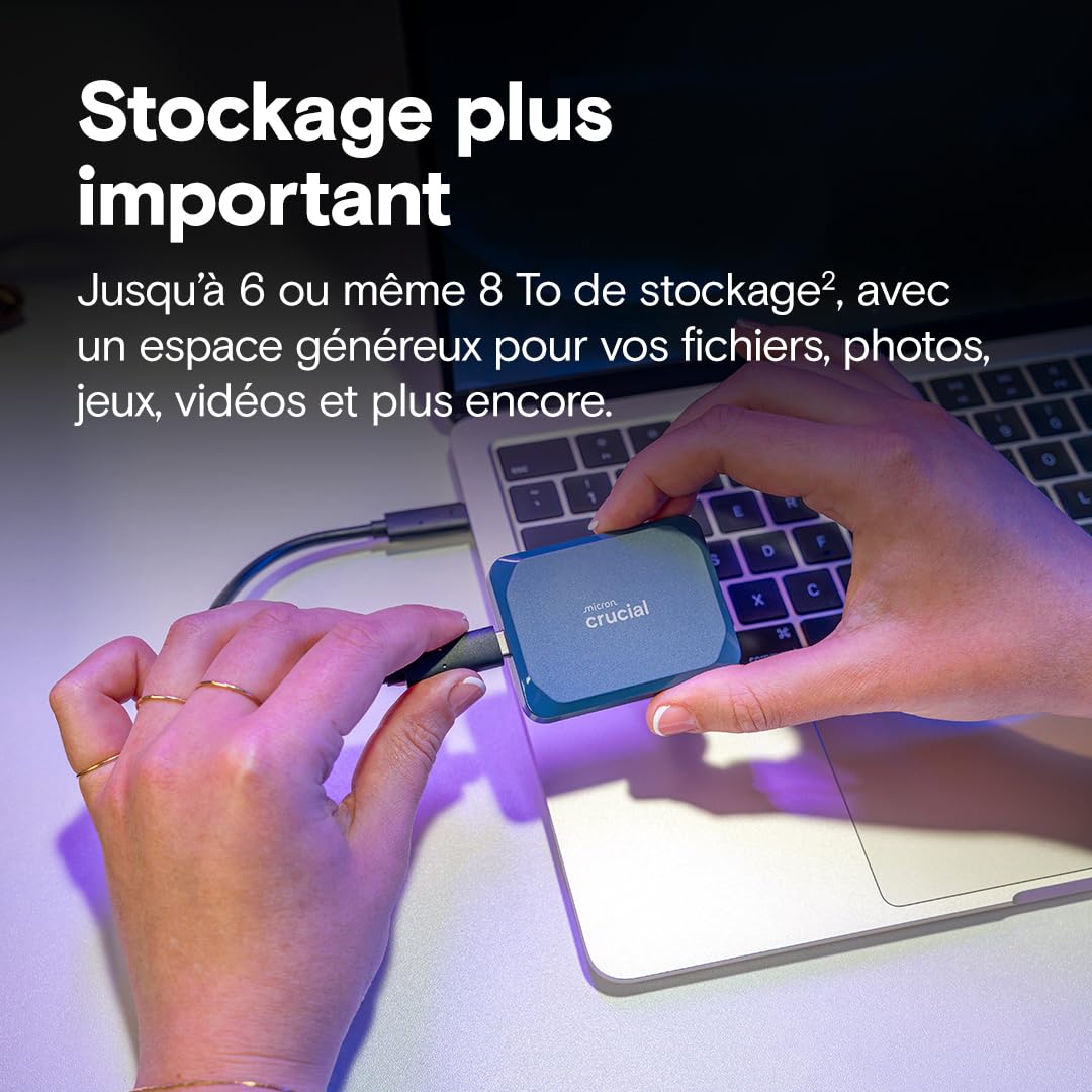 Crucial X10 2To Disque SSD Externe Portable, Jusqu’à 2100Mo/s, USB-C 3.2 Gen2, Résistance à la poussière et à l'eau classée IP65, Disque Dur Externe, Bleu Mat - CT2000X10SSD9-02 - 2