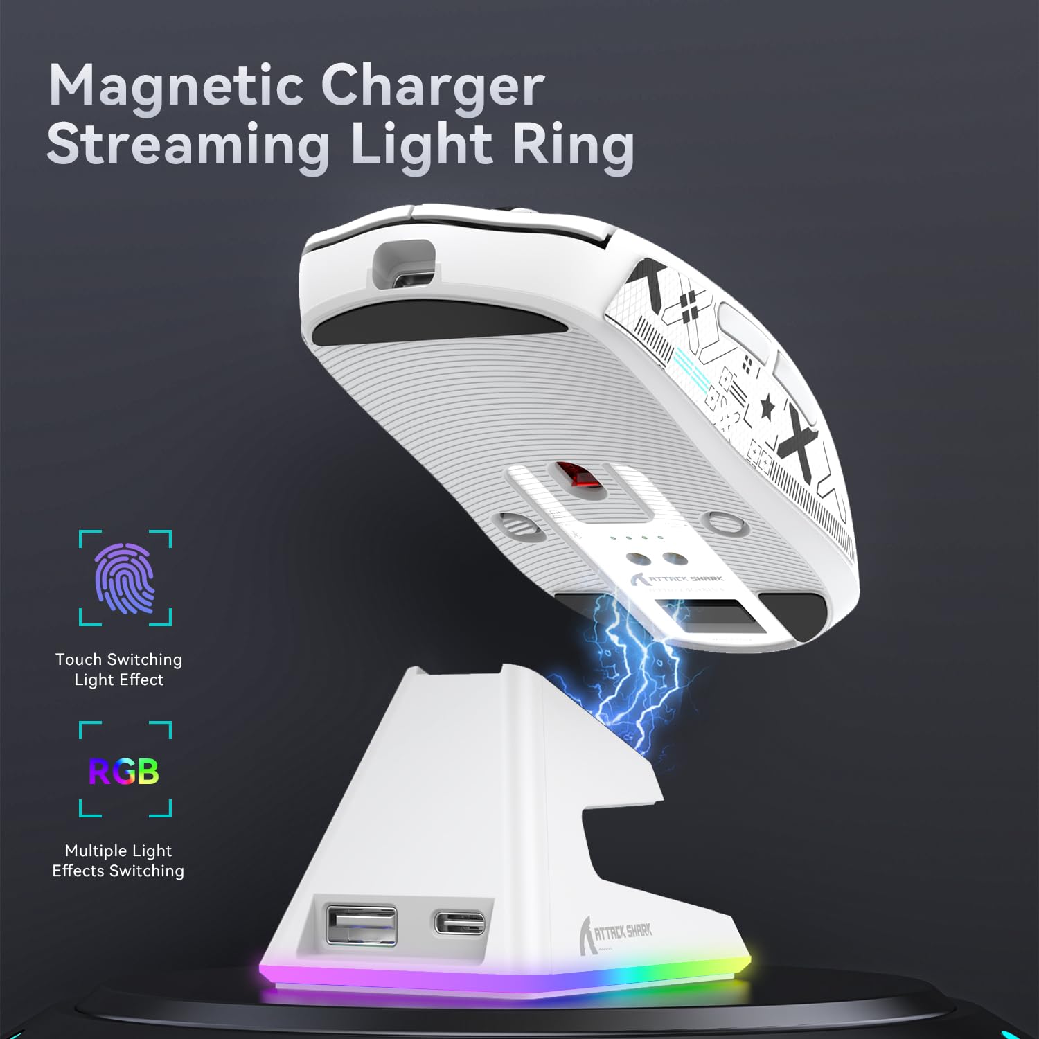 Mysz SUPERLIGHT ATTACK SHARK X6 49 g z magnetyczną stacją ładującą, czujnik do gier PixArt PAW3395, bezprzewodowa/przewodowa mysz do gier BT/2.4G z taśmą, 26000 DPI, myszy z (białe)