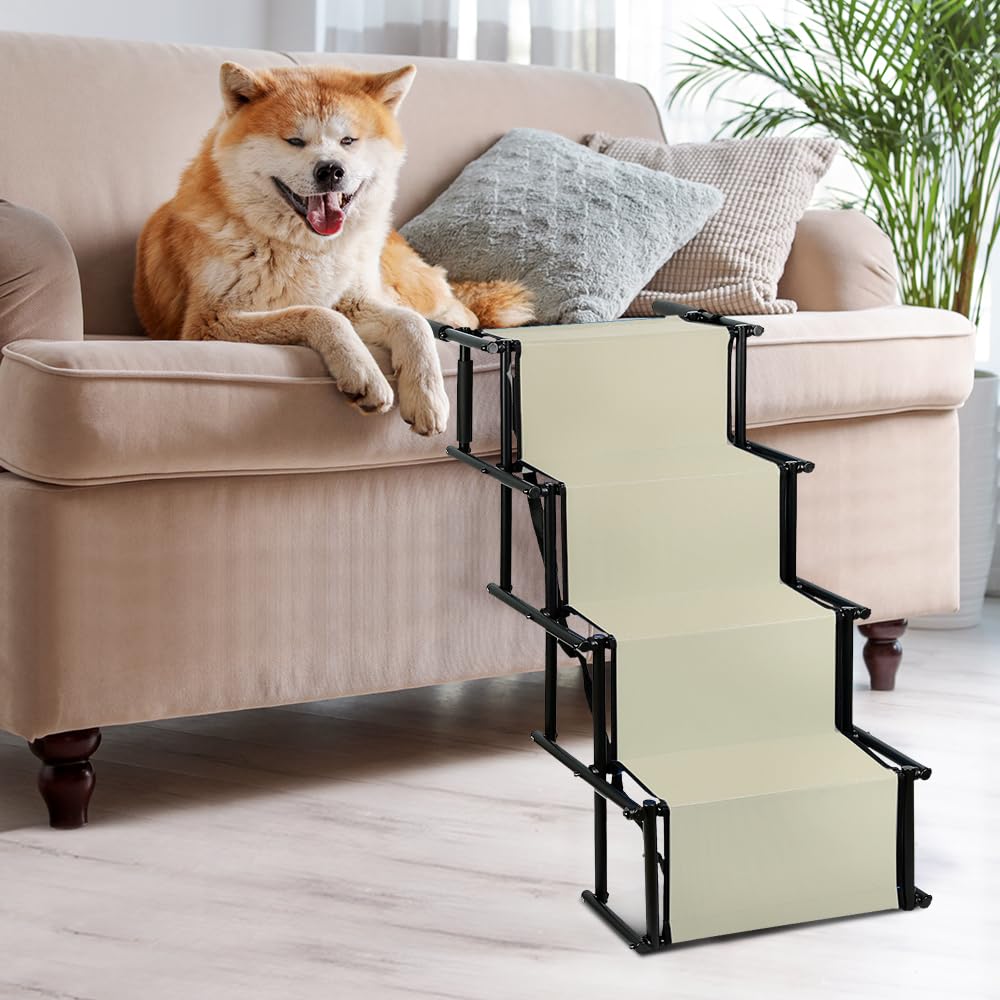 Rampe de Voiture Pliable pour Chien, Escalier à 4 Marches pour Animaux de Compagnie, Utilisable pour Tous Les véhicules, Chargable jusqu'à 75 kg Imperméable Polyester Oxford Métal (Beige)