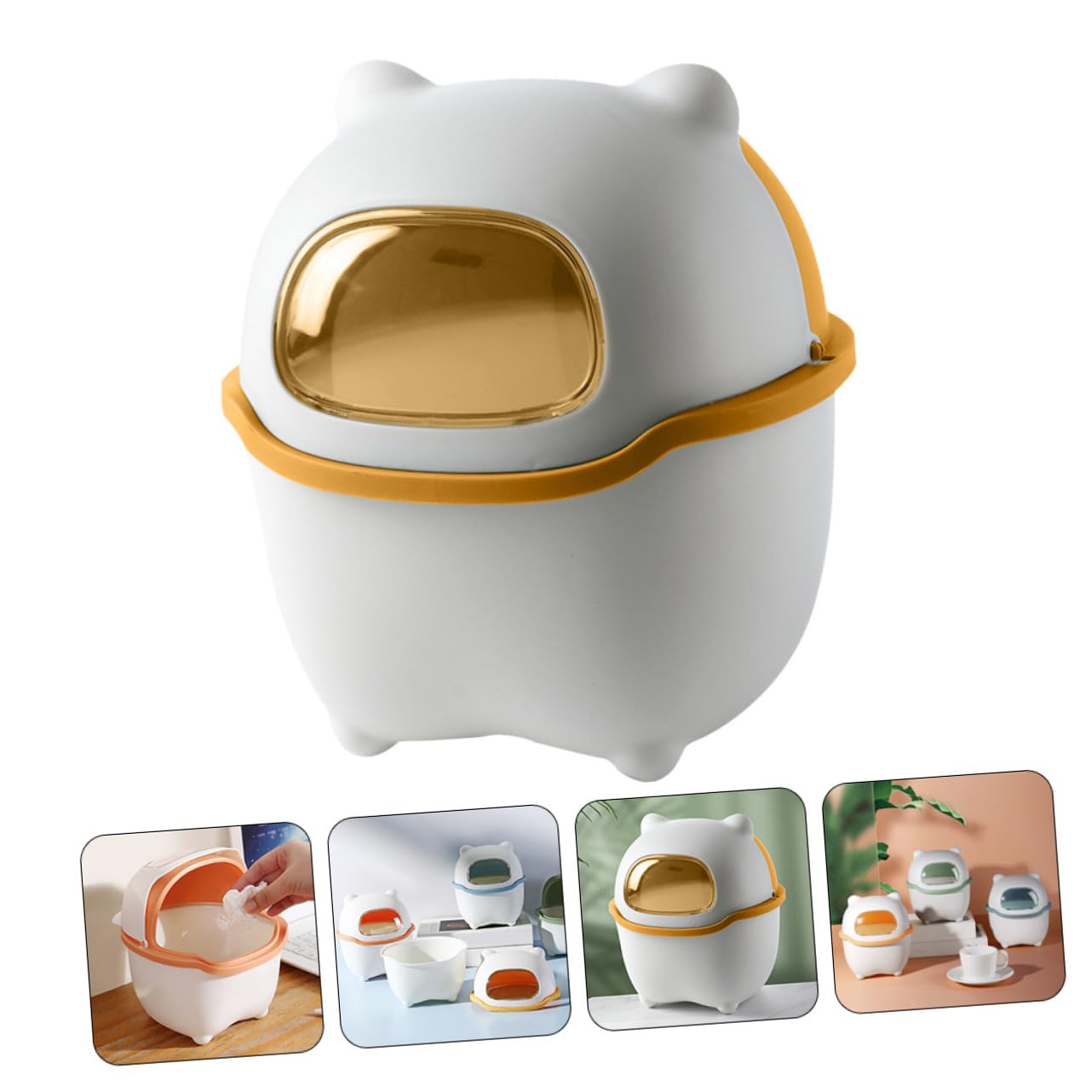 NUOBESTY Mini Cartoon Bear Desktop Trash Can with Lid, Cute Flip-top Wastebasket for Bedroom, Small Plastic Desk Garbage Bin for Home Office